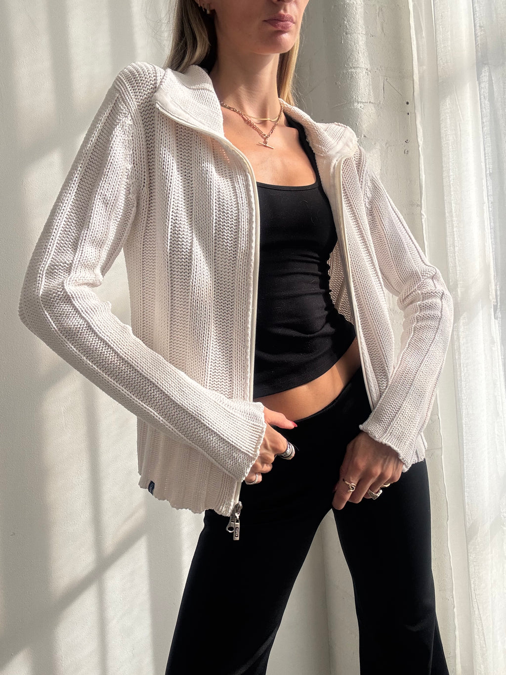 Vintage Y2K White Knit Dual Zip Up Cardigan - Size M