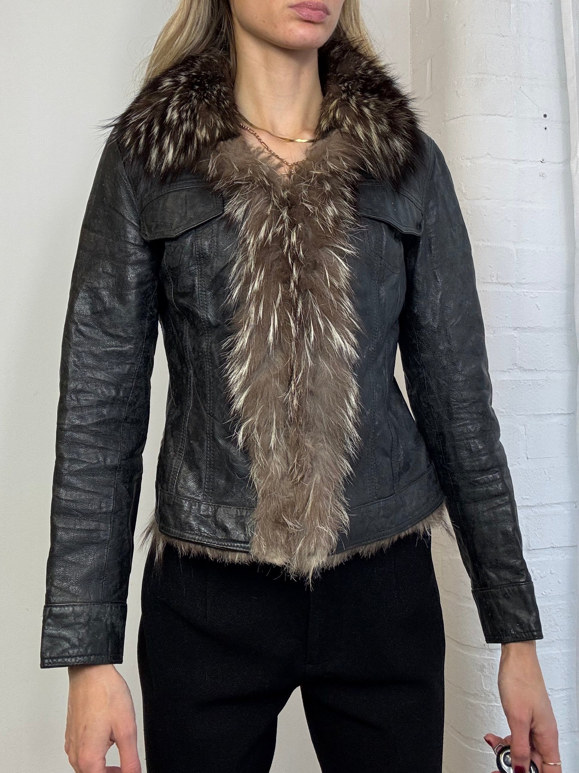 Vintage Y2K fur trim leather jacket