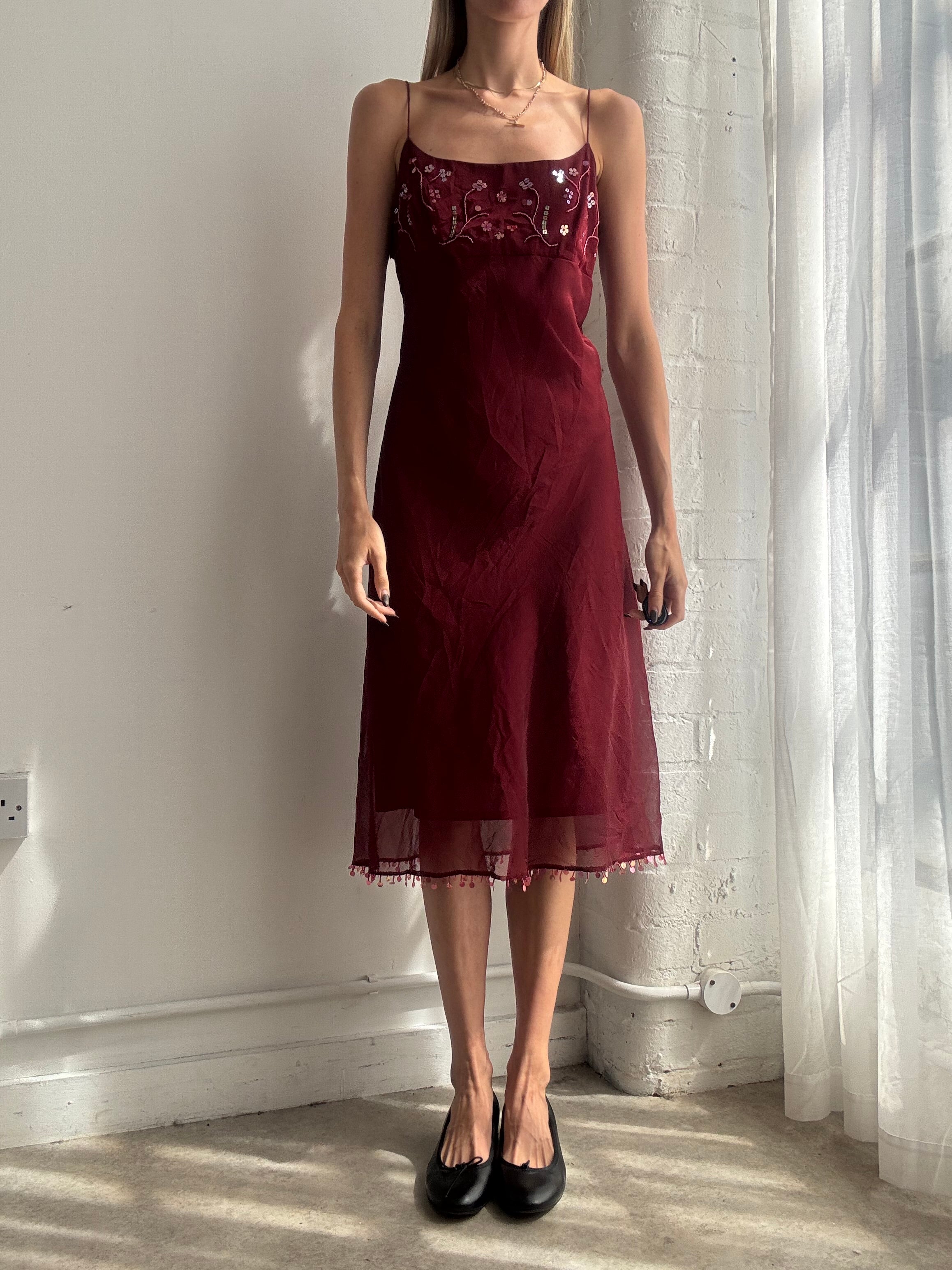 Vintage Y2K burgundy embellished mesh midi dress - Size M