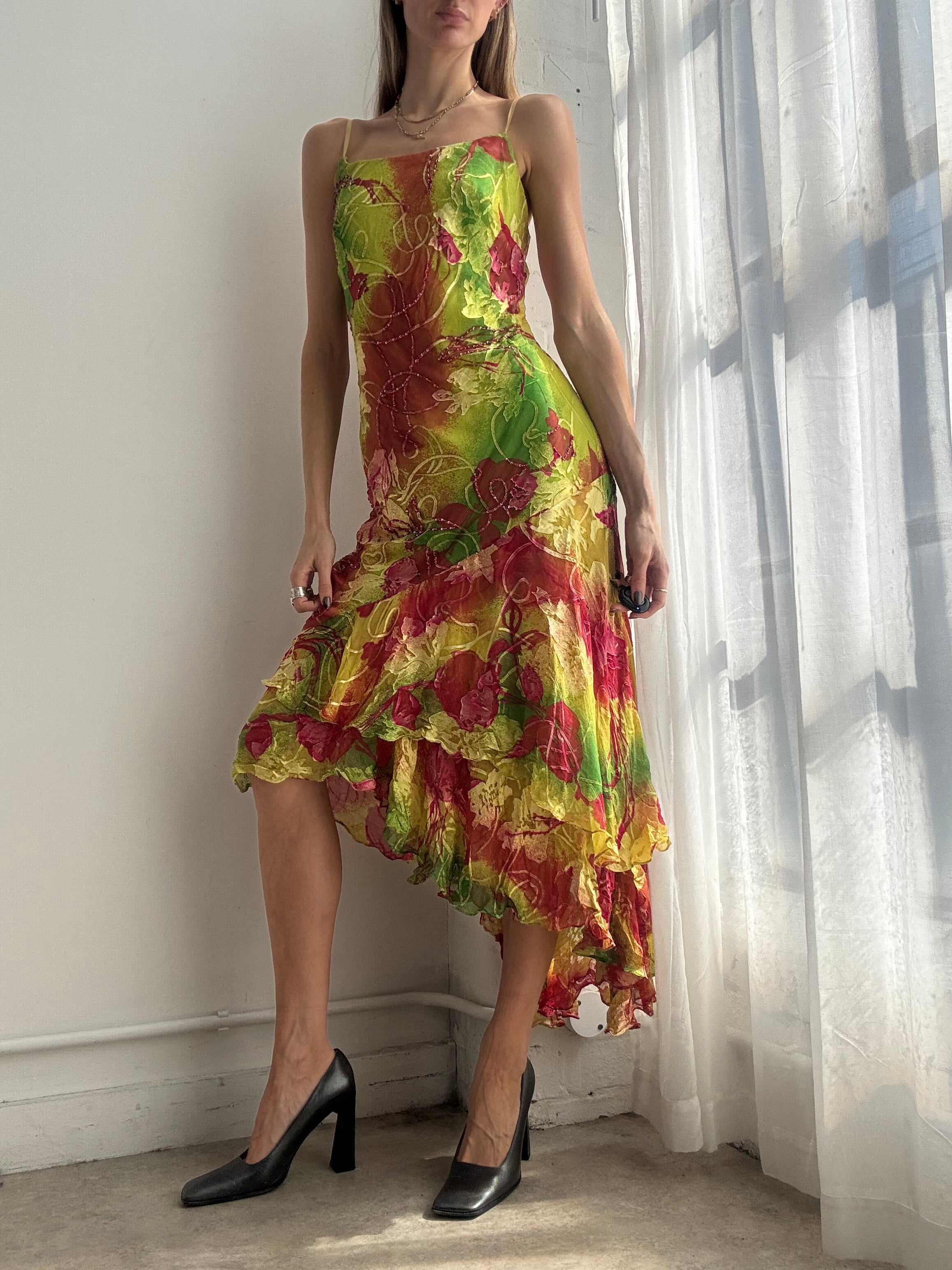 Vintage Y2K tropical floral asymmetrical midi dress - Size S/M