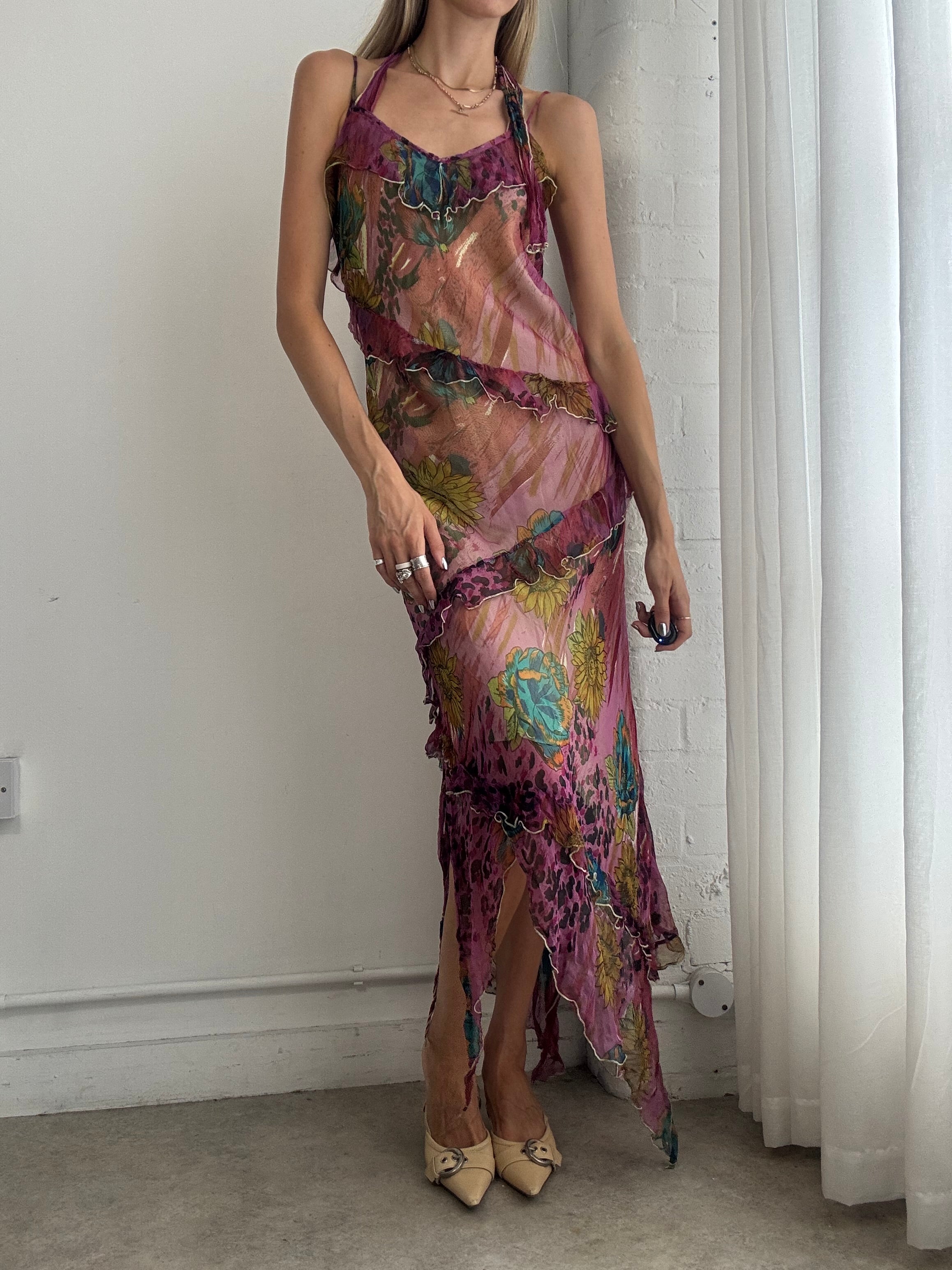 Vintage Y2K Floral Mesh Asymmetric Maxi Dress – Fairy Grunge Sheer Slip Dress - Size M