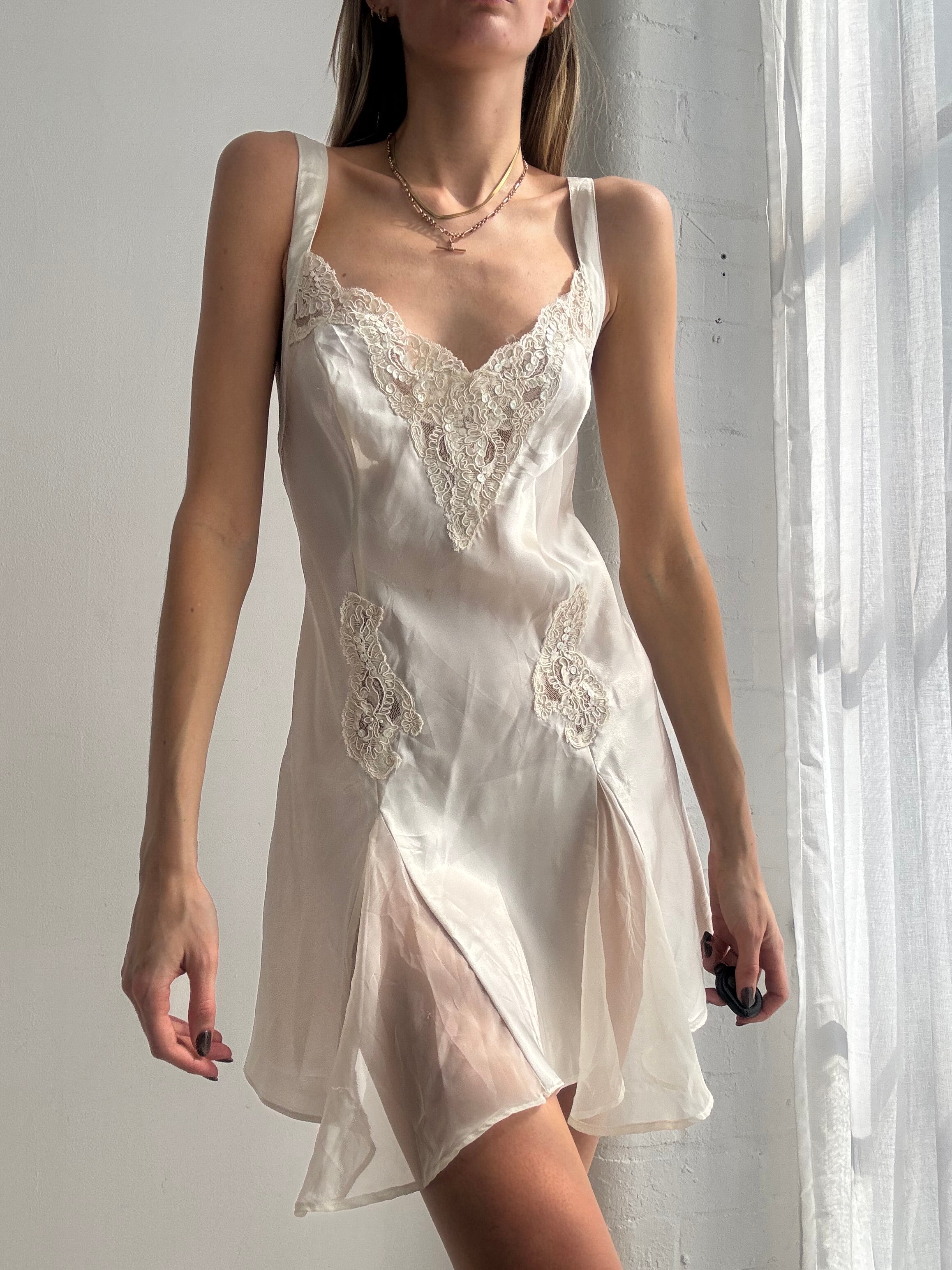 Vintage Y2K victoria's secret ivory satin slip dress with lace & embroidered details