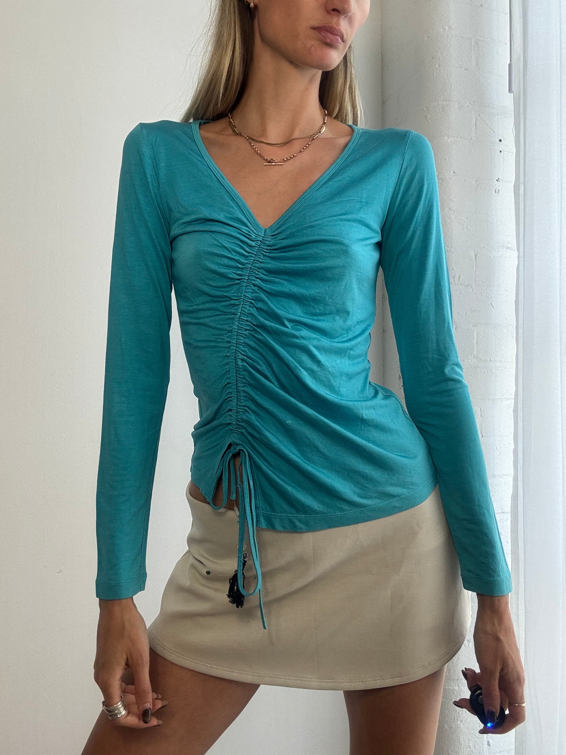 Vintage Y2K turquoise ruched asymmetric tie-front top - Size S