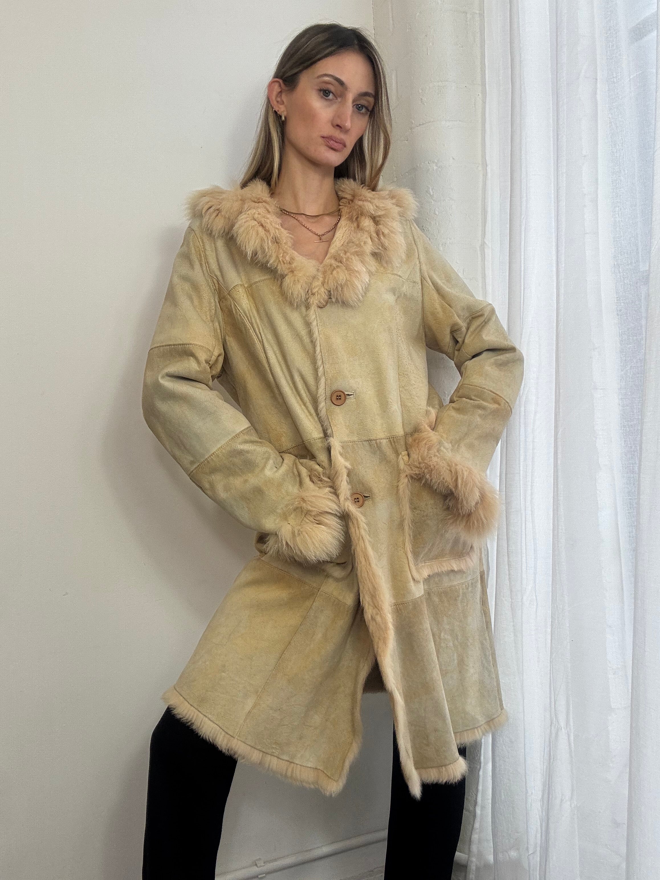 Vintage Y2K cream genuine suede long coat real fur trim