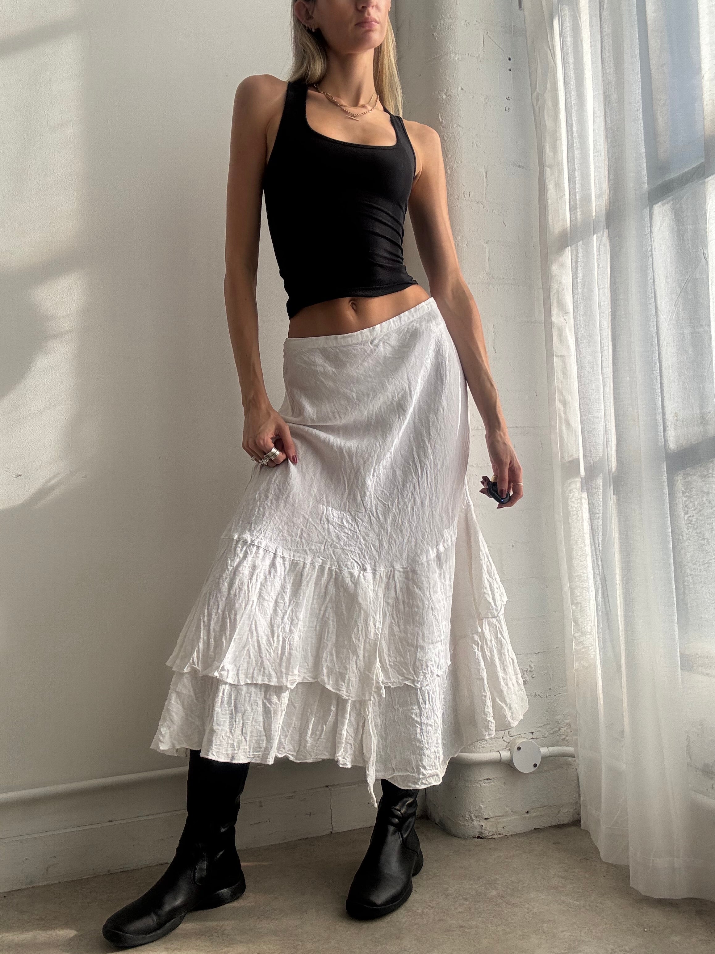Vintage Y2K white linen ruffle maxi skirt