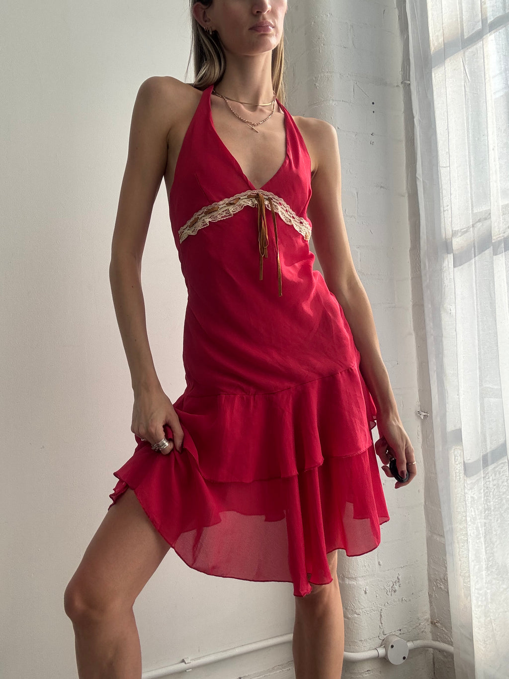 Vintage Y2k Halter Neck Mesh Ruffle Midi Dress Red
