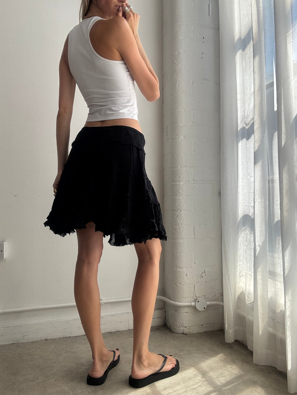 Vintage Y2k Black Cotton Tiered Ruffle Mini Skirt  - Size S/M