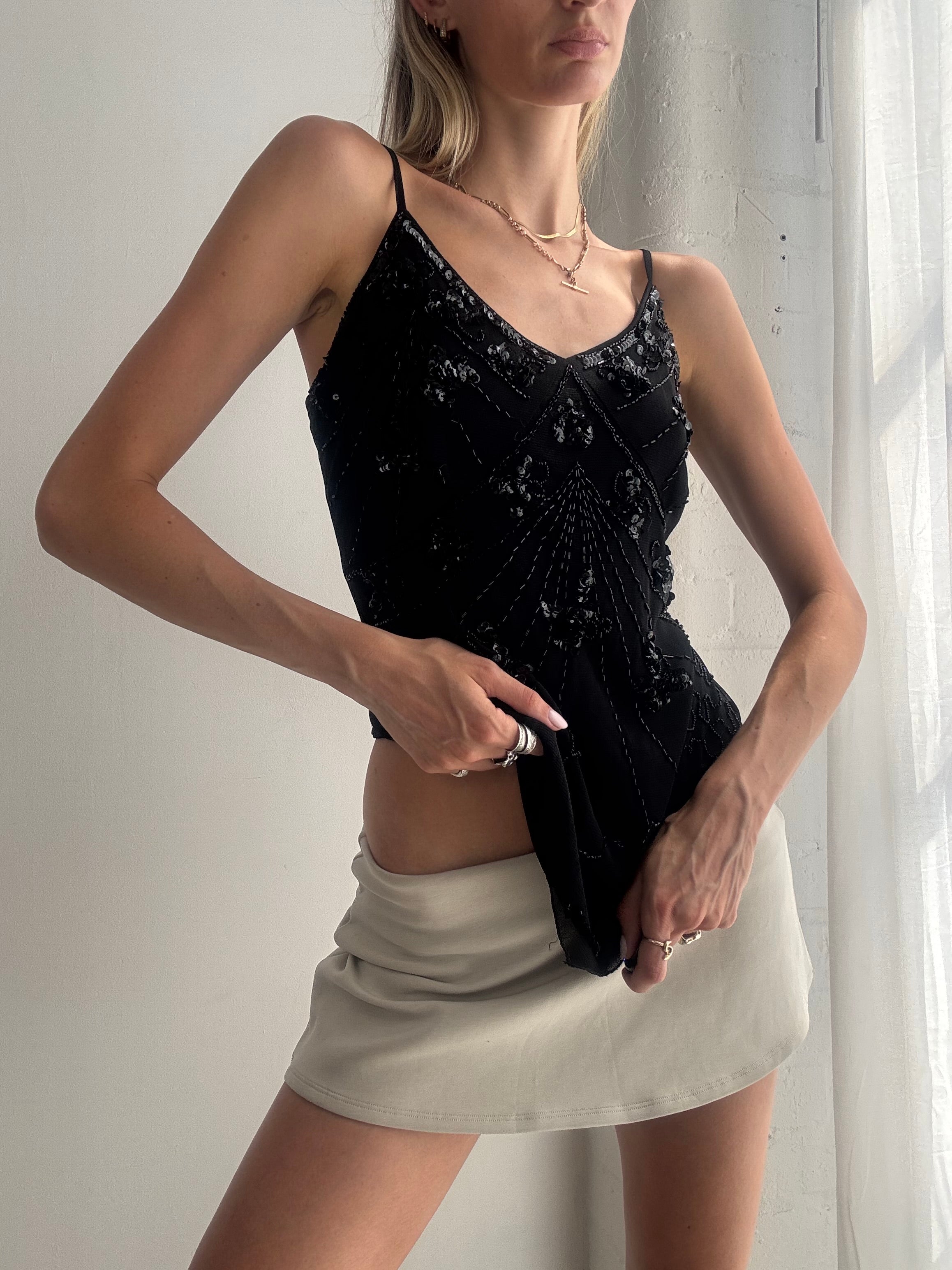 Vintage Y2K Black Beaded Cami Top Fairy Grunge Coquette - Size L
