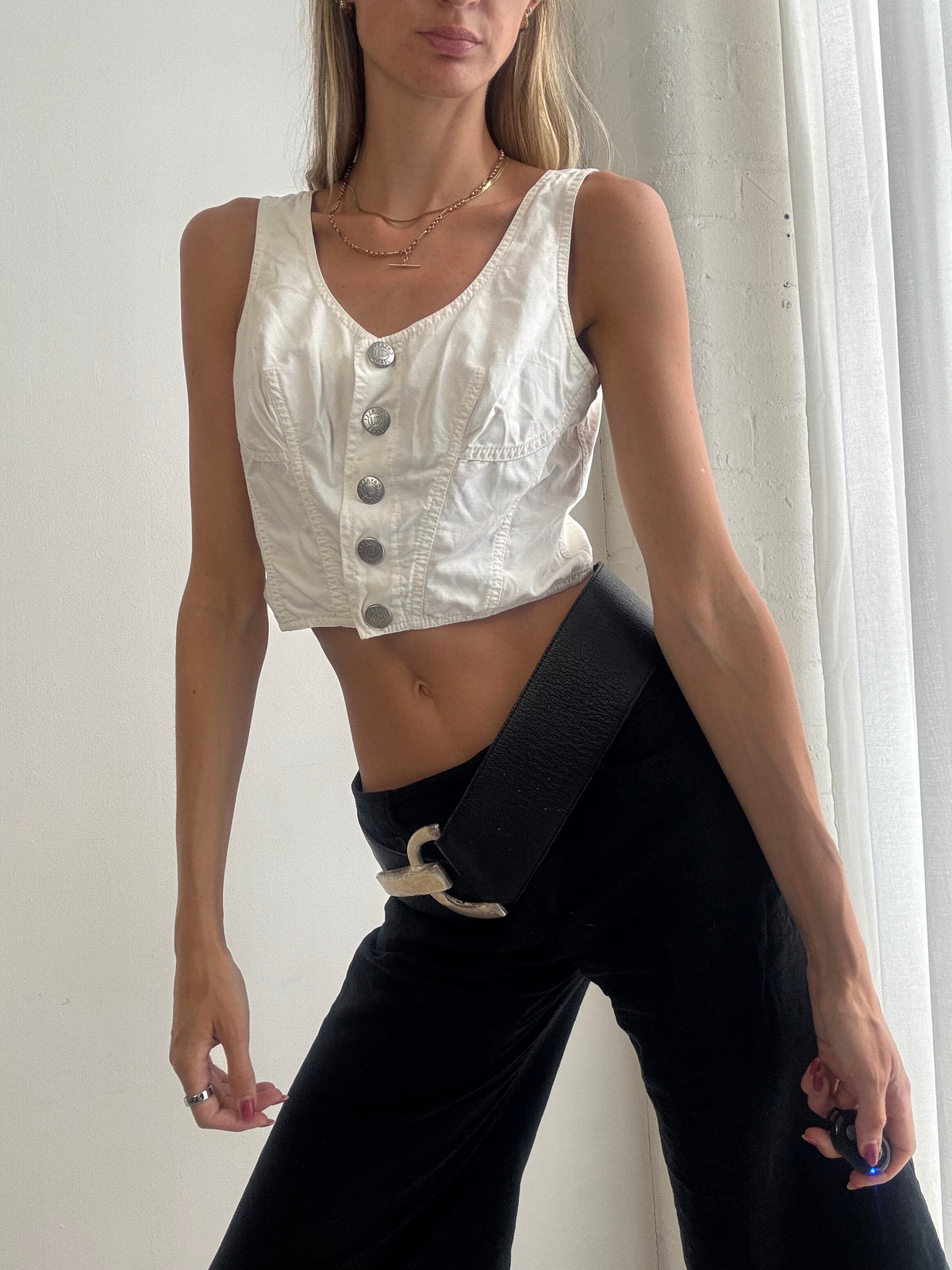 Vintage Y2K Cavalli Jeans White Button Up Corset Top – Size XS/S