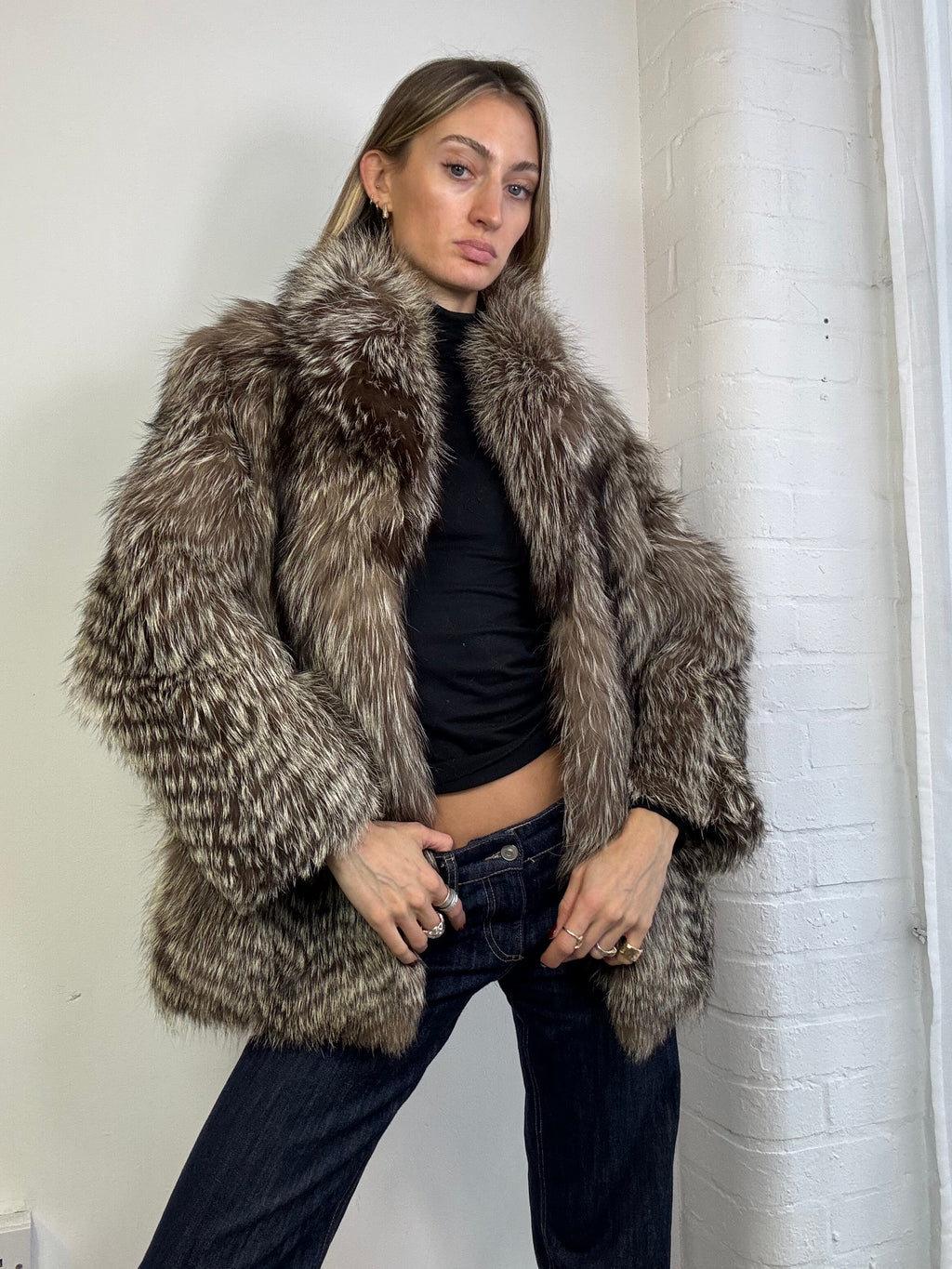 Vintage 90s fox fur coat brown