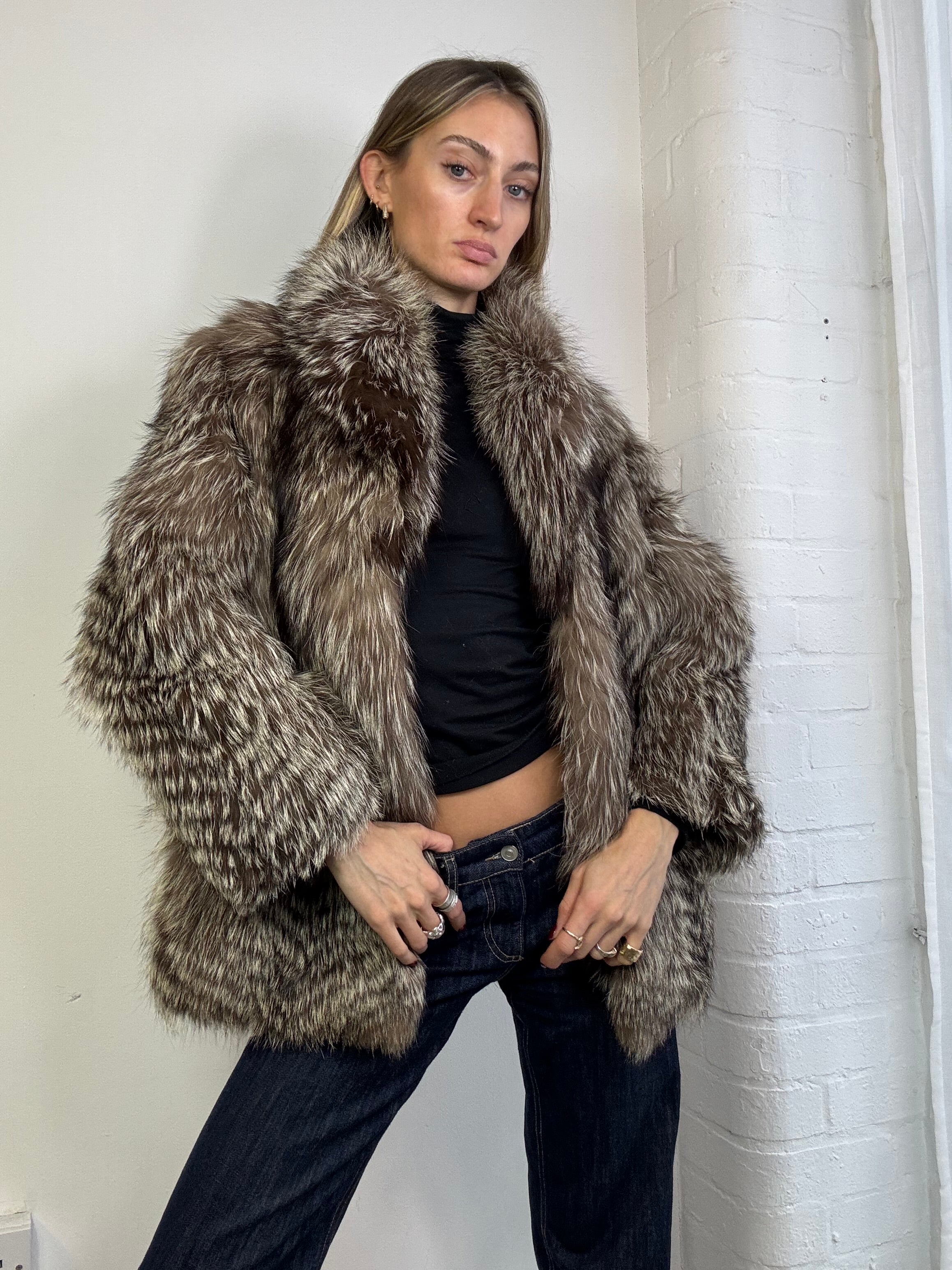 Vintage 90s fox fur coat brown