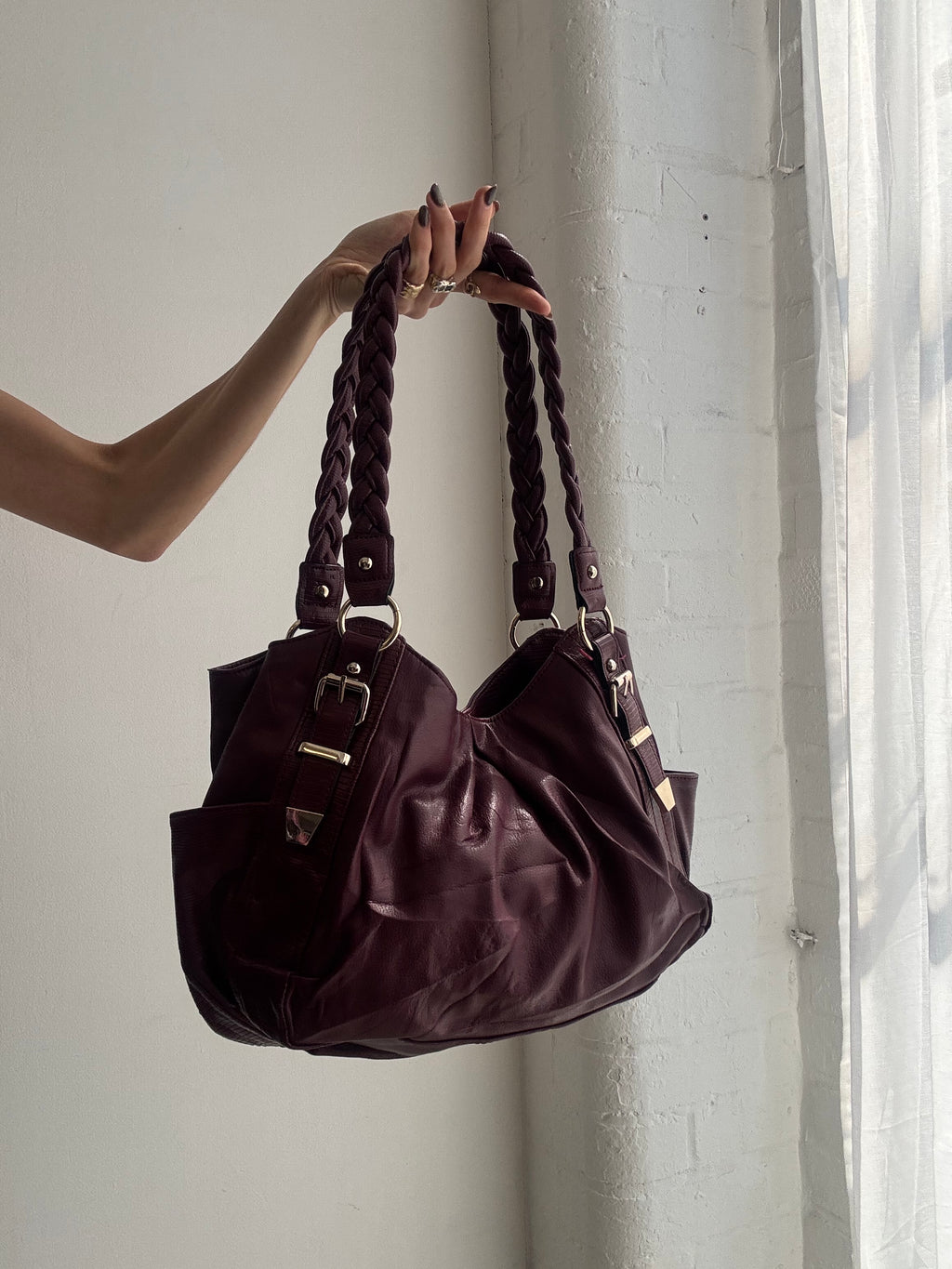 Vintage Y2K plum faux leather slouch shoulder bag