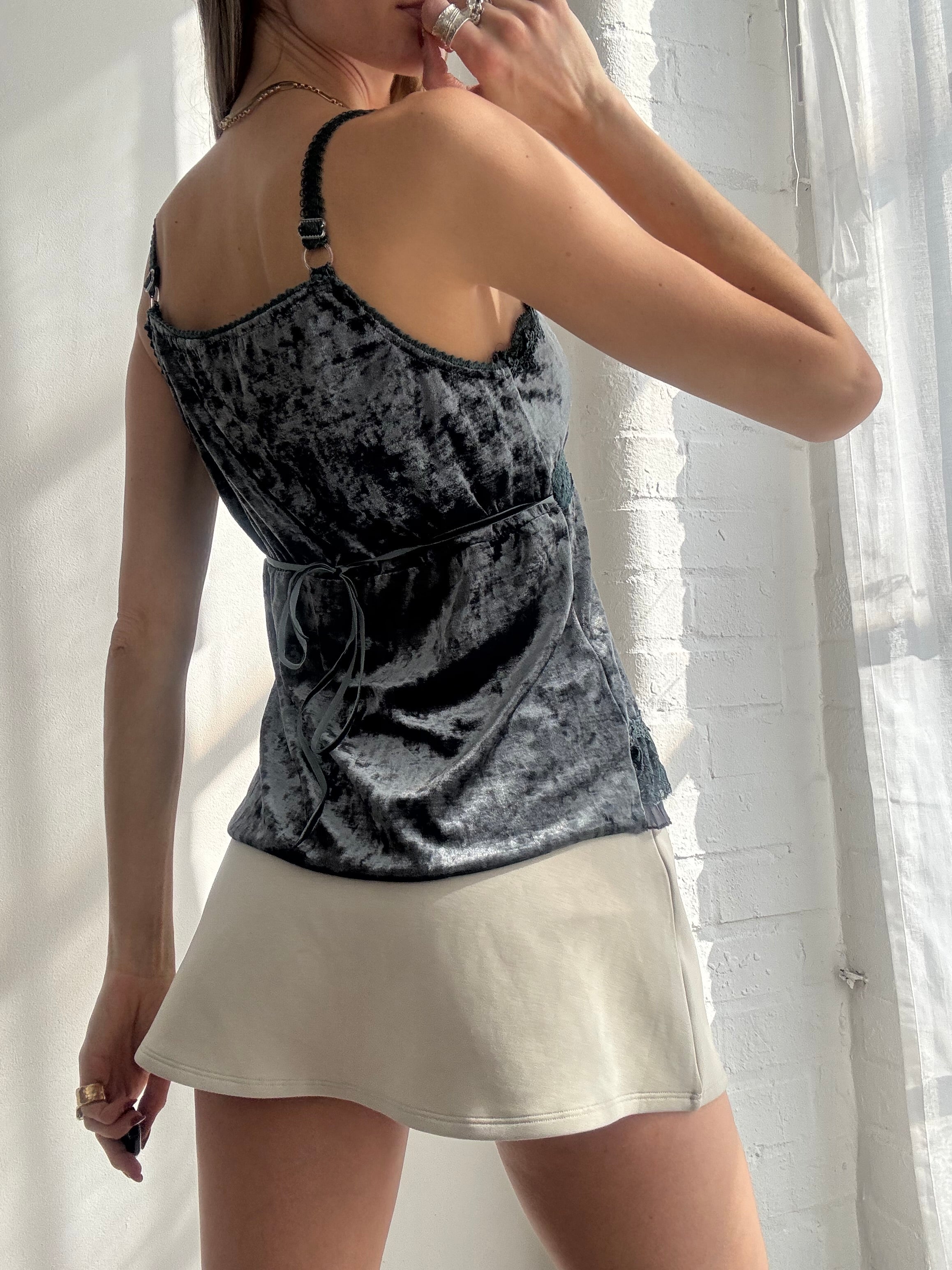 Vintage Y2K midnight blue velvet lace trim beaded cami top