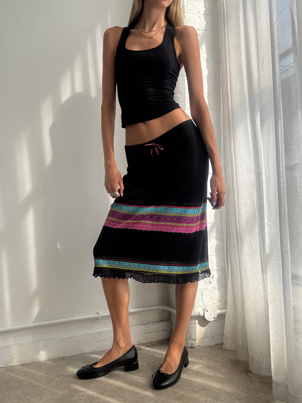 Vintage Y2K Black Stripe Midi Skirt - Size M
