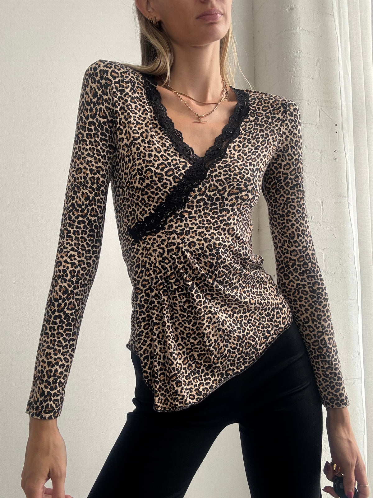 Vintage Y2K Leopard Print Lace Trim Wrap Top - Size S