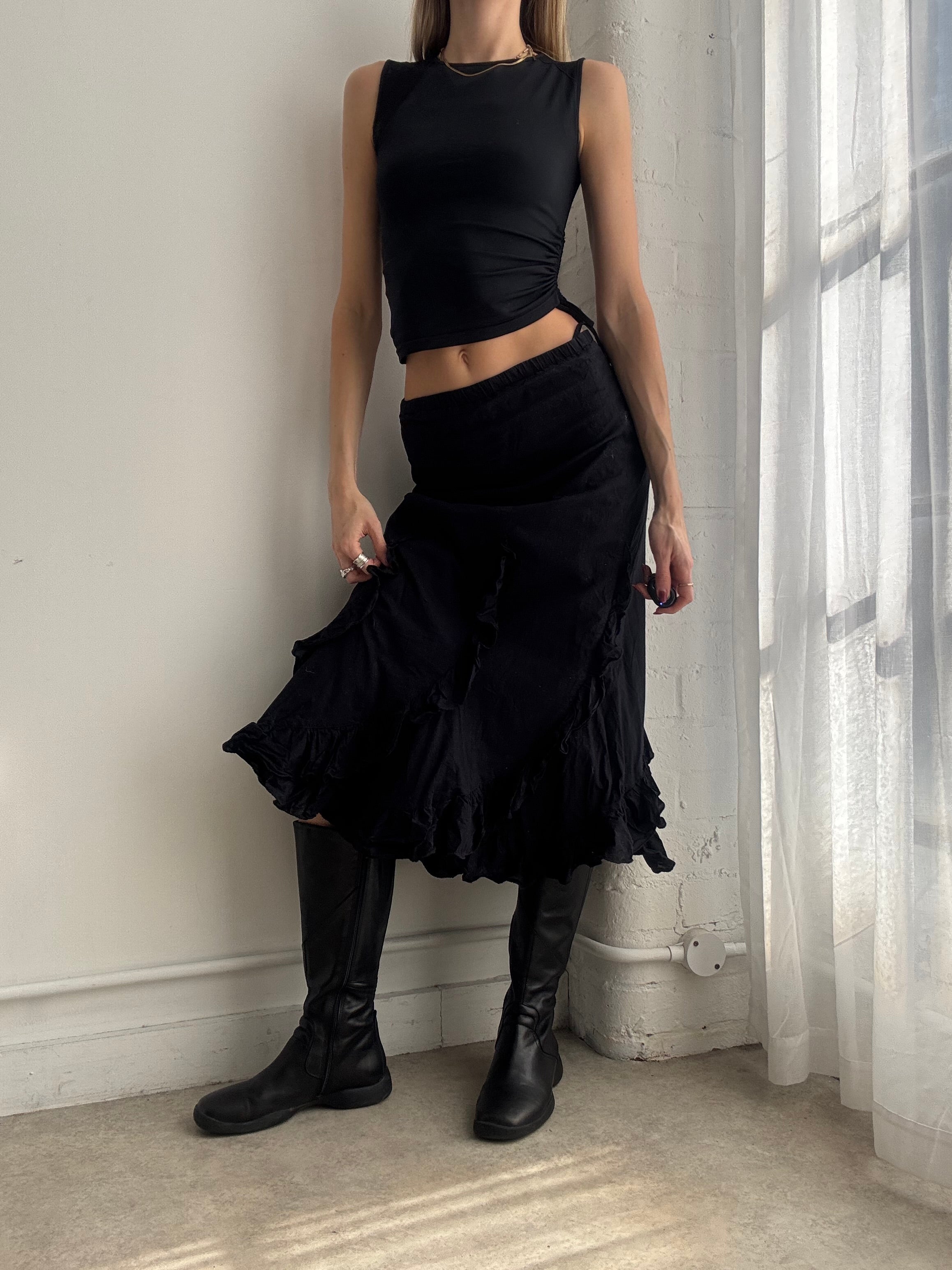 Vintage Y2K black ruffle cotton midi skirt