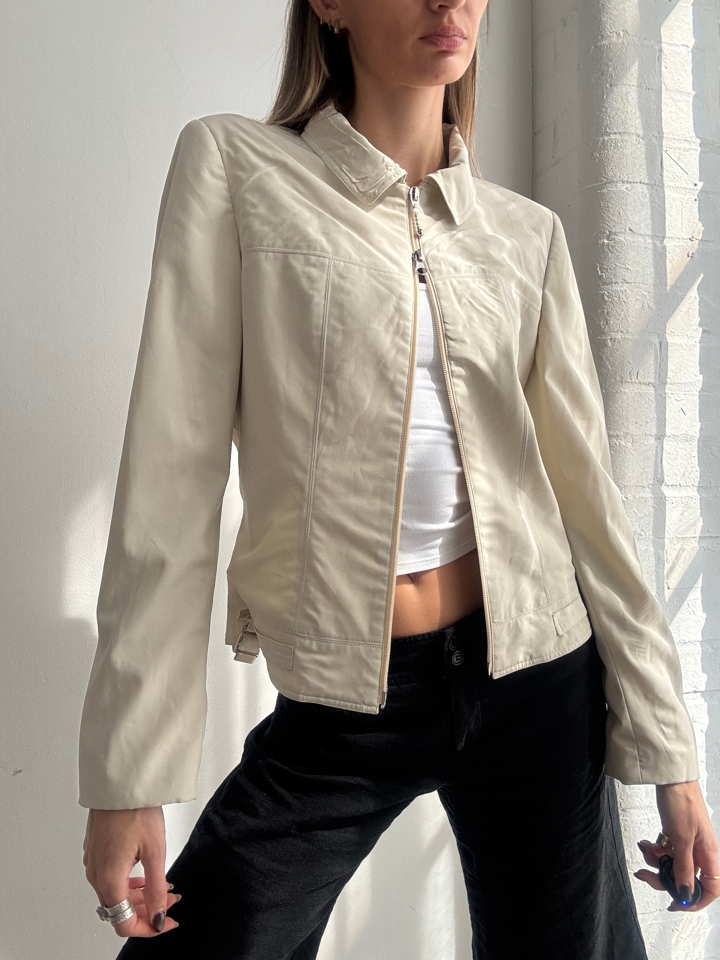 Vintage Y2K Sportstaff cream fitted dual zip jacket - Size M