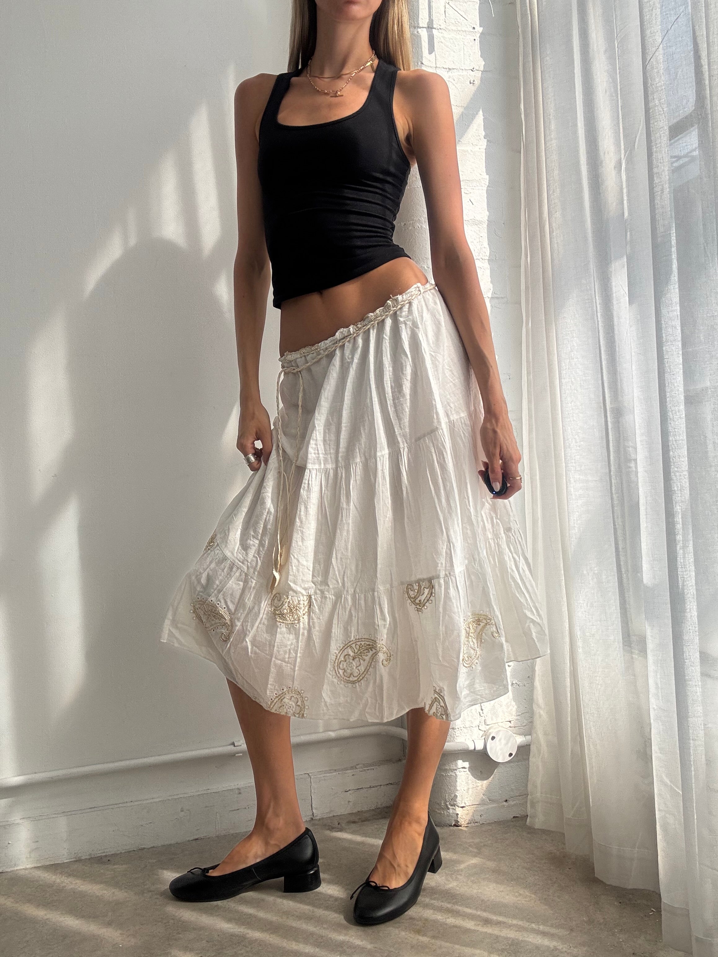 Vintage Y2K White Embroidered Cotton Boho Midi Skirt - Size XS/S