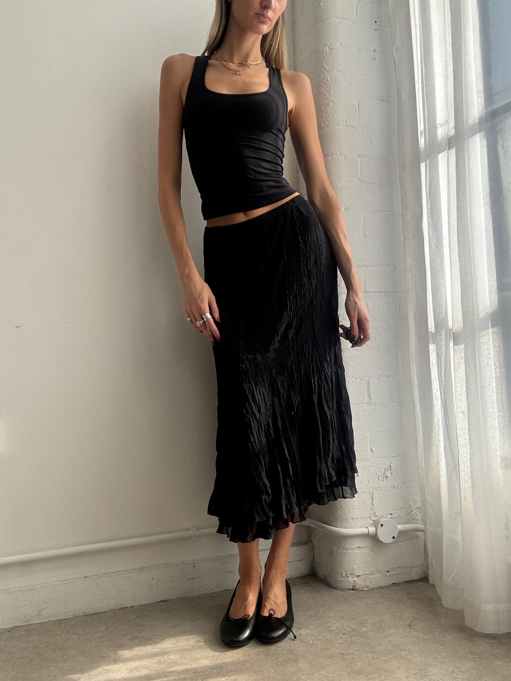 Vintage Y2K black mesh crinkle midi skirt