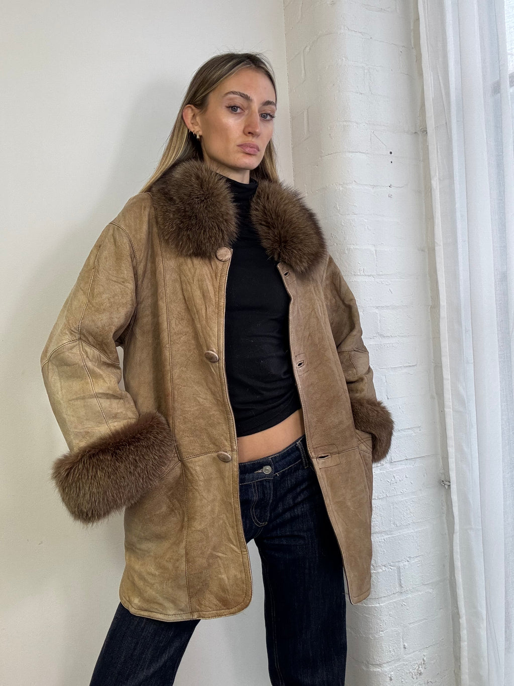 Vintage 90s sheepskin coat beige