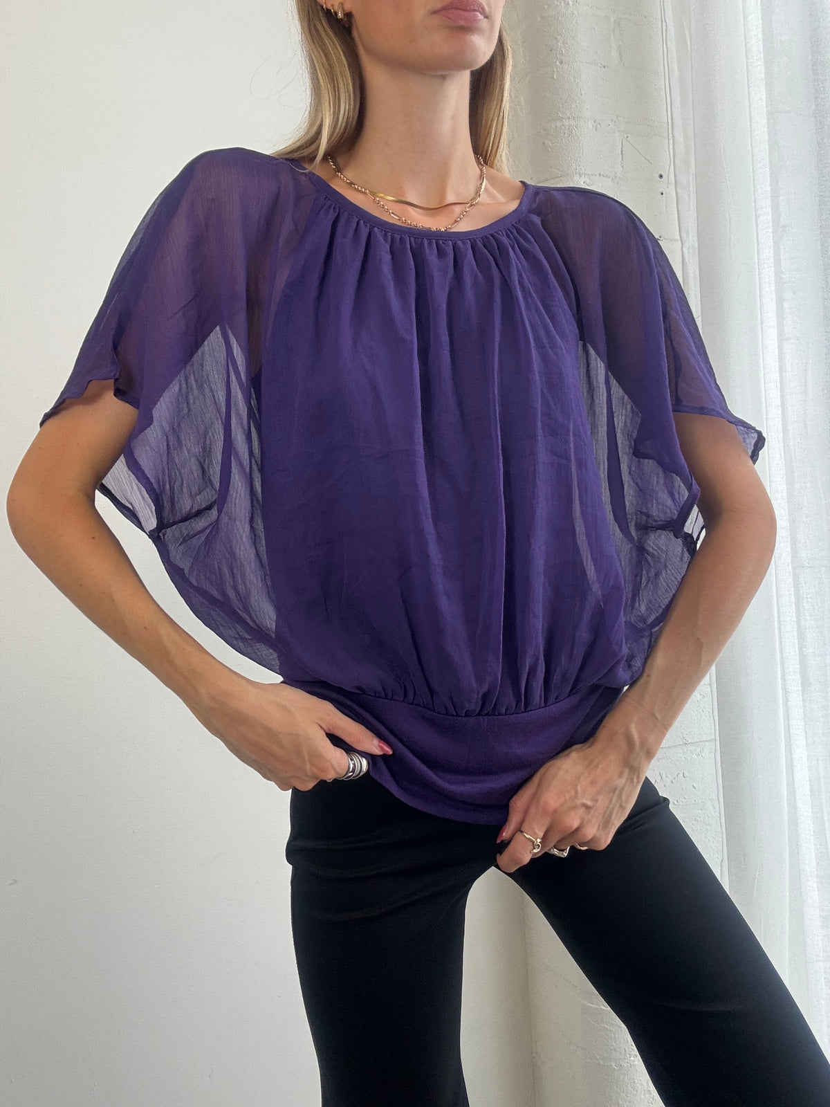 Vintage Y2K Purple Chiffon Batwing Top - Size S