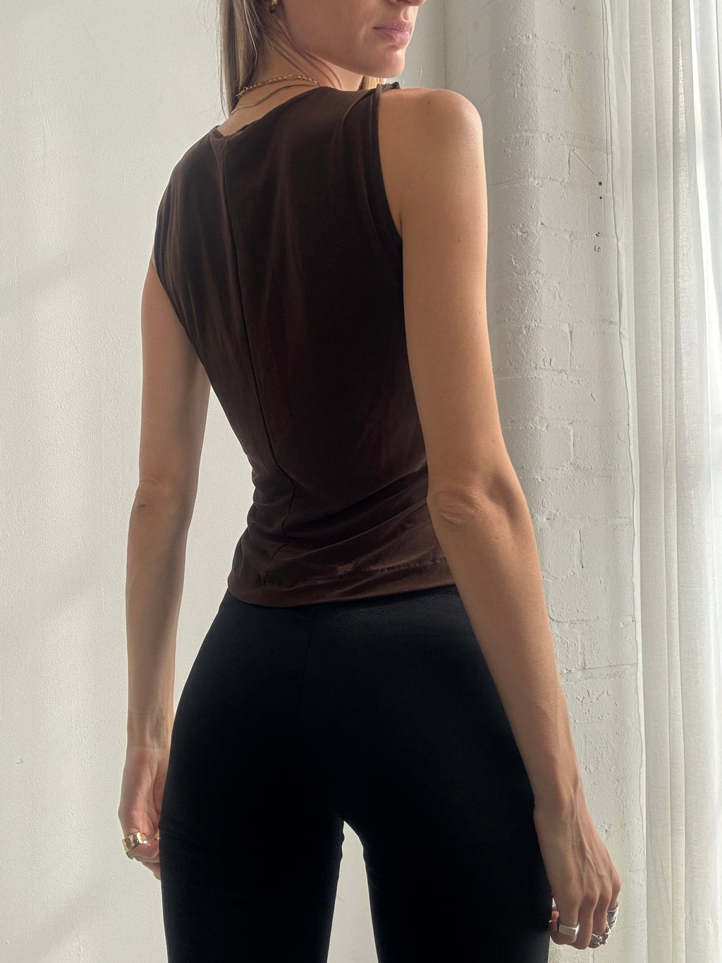 Vintage Y2K Chocolate Brown Ruched Wrap Top - Size L