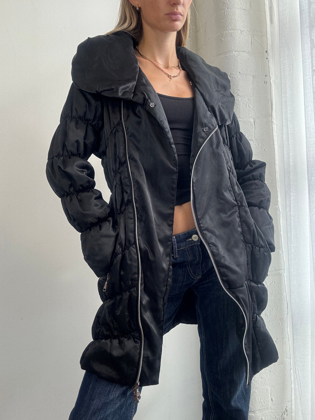 Vintage Y2K Black Longline Puffer Asymmetric Jacket - Size M