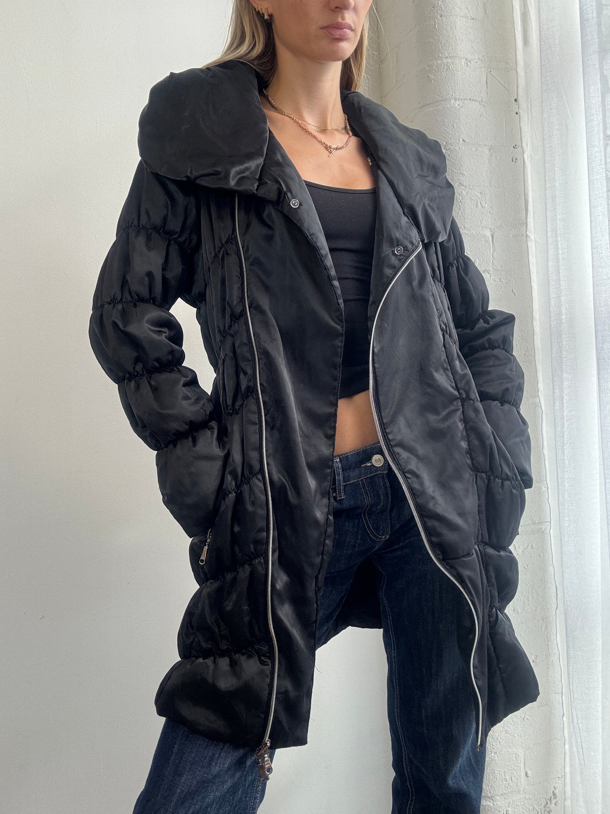 Vintage Y2K Black Longline Puffer Asymmetric Jacket - Size M