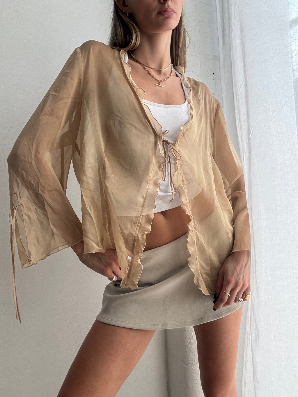 Vintage Y2K sheer champagne tie blouse - Size L