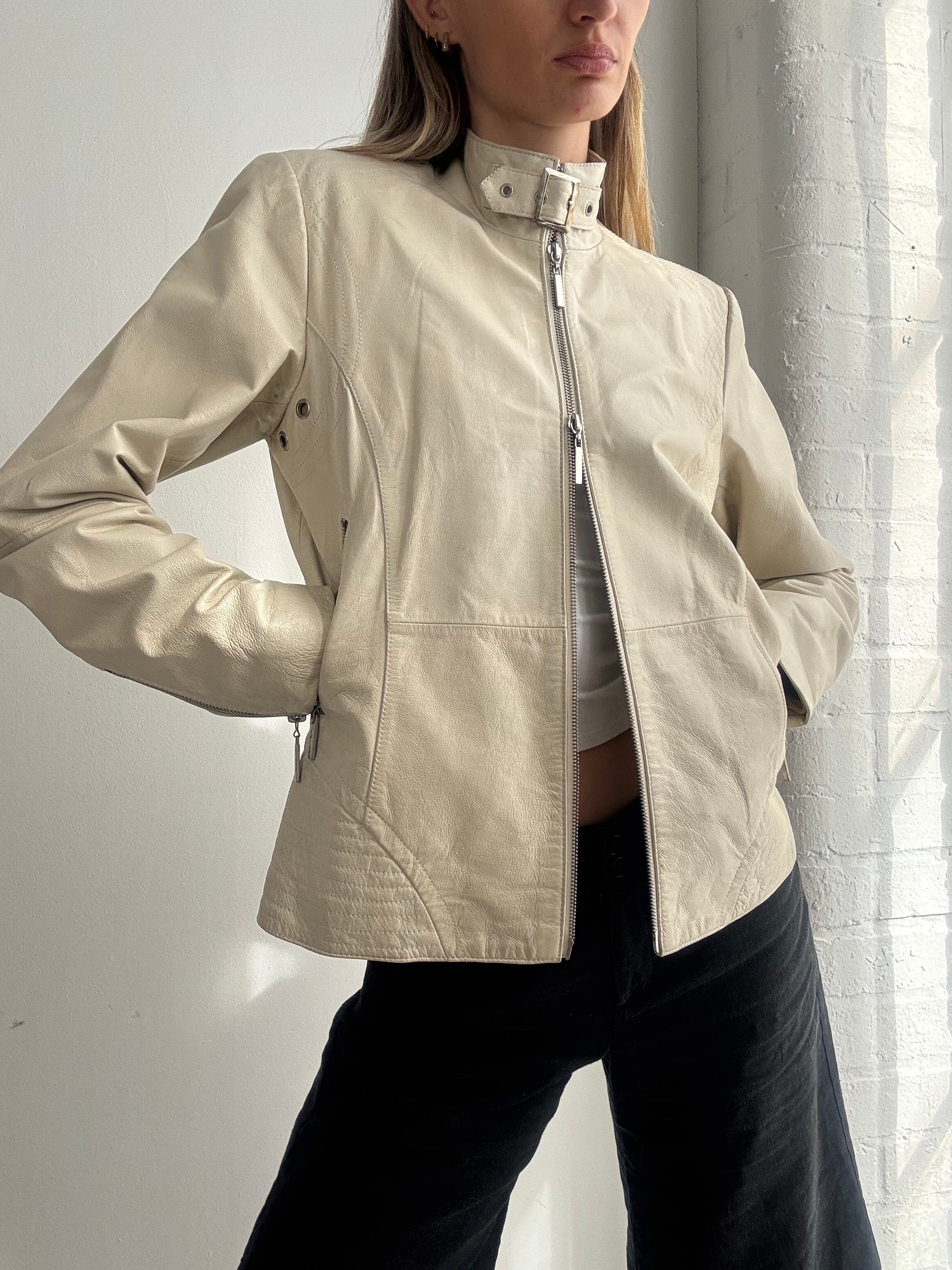Vintage Y2K cream leather biker jacket - Size M