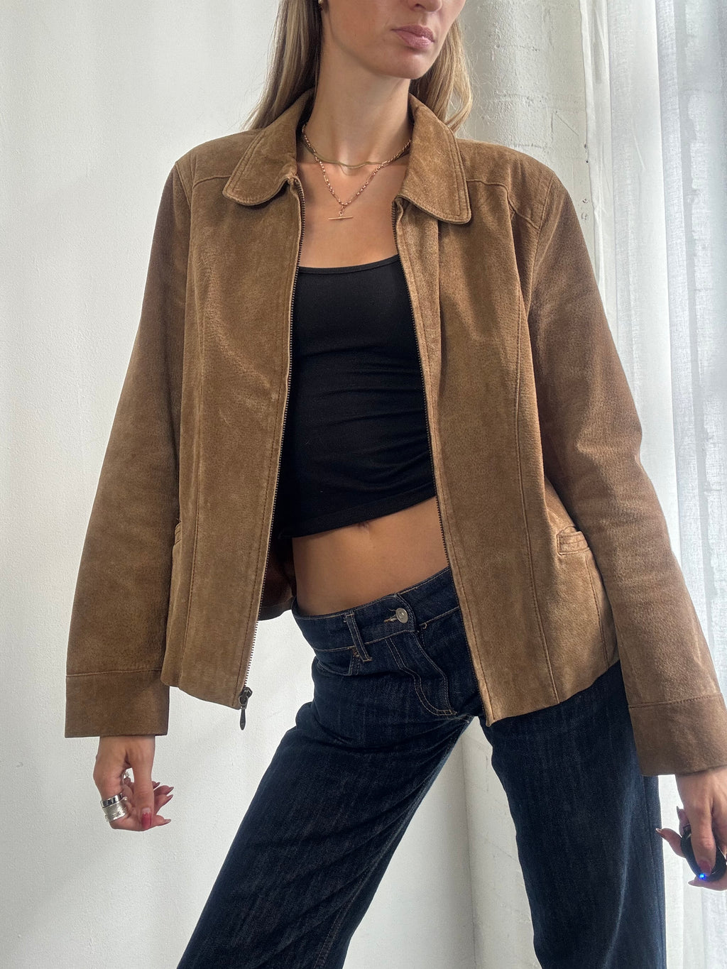 Vintage 90s Tan Brown Suede Zip Up Jacket - Size M