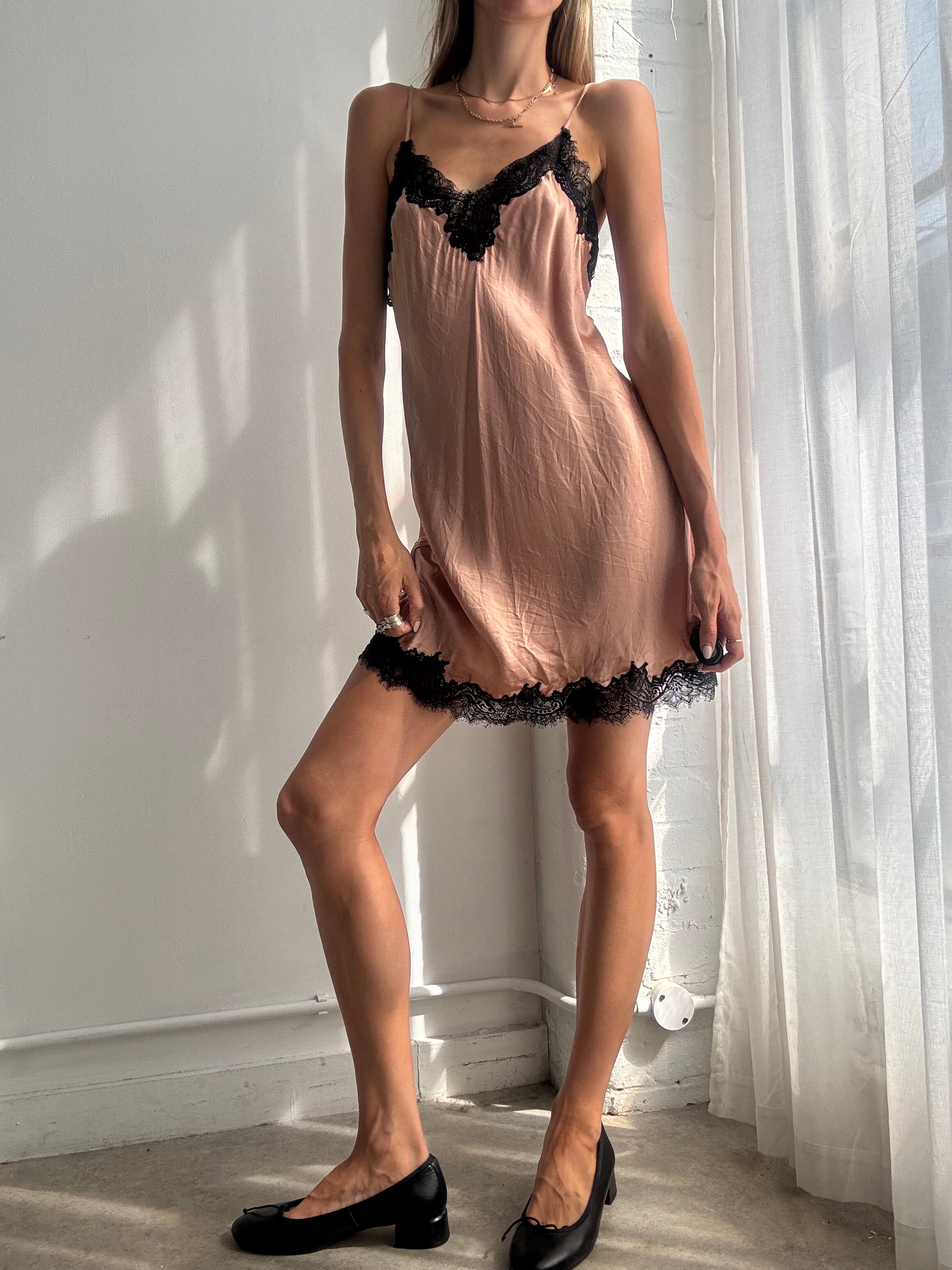 Vintage Y2K Blush Pink Silk Lace Trim Slip Mini Dress - Size S