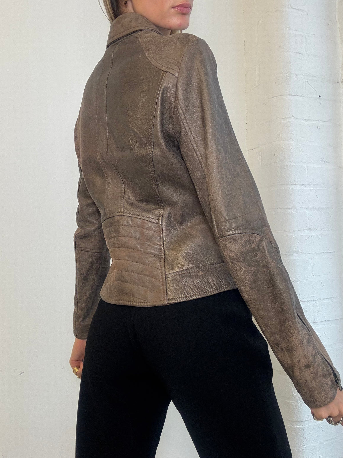 Vintage Y2K Distressed Taupe Real Leather Belted Zip Jacket - Size S