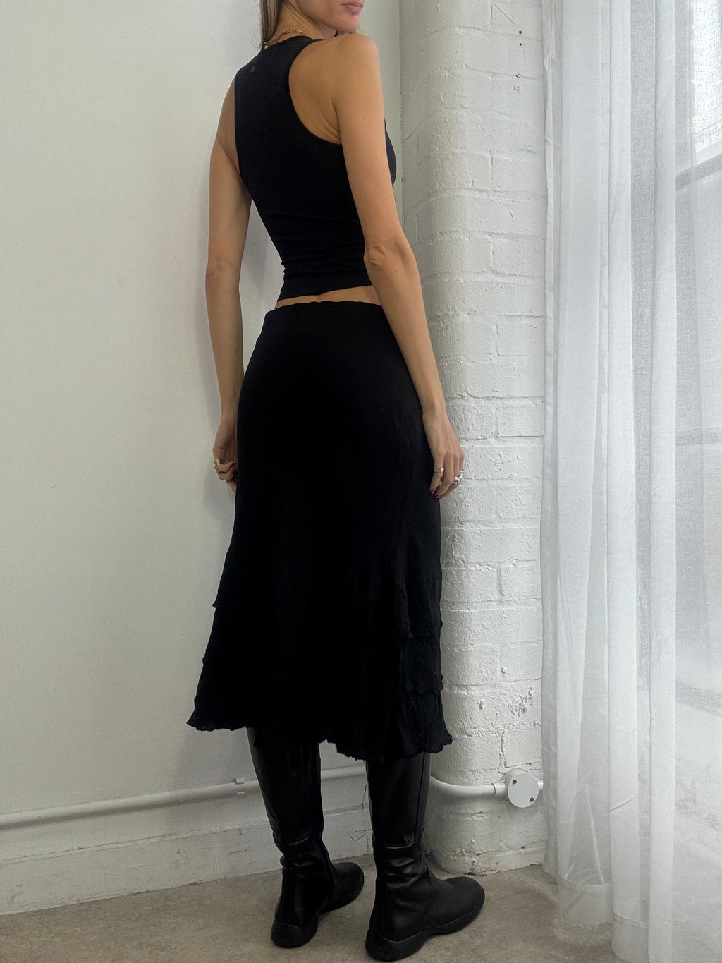 Vintage Y2K black cotton ruffle midi skirt embroidered