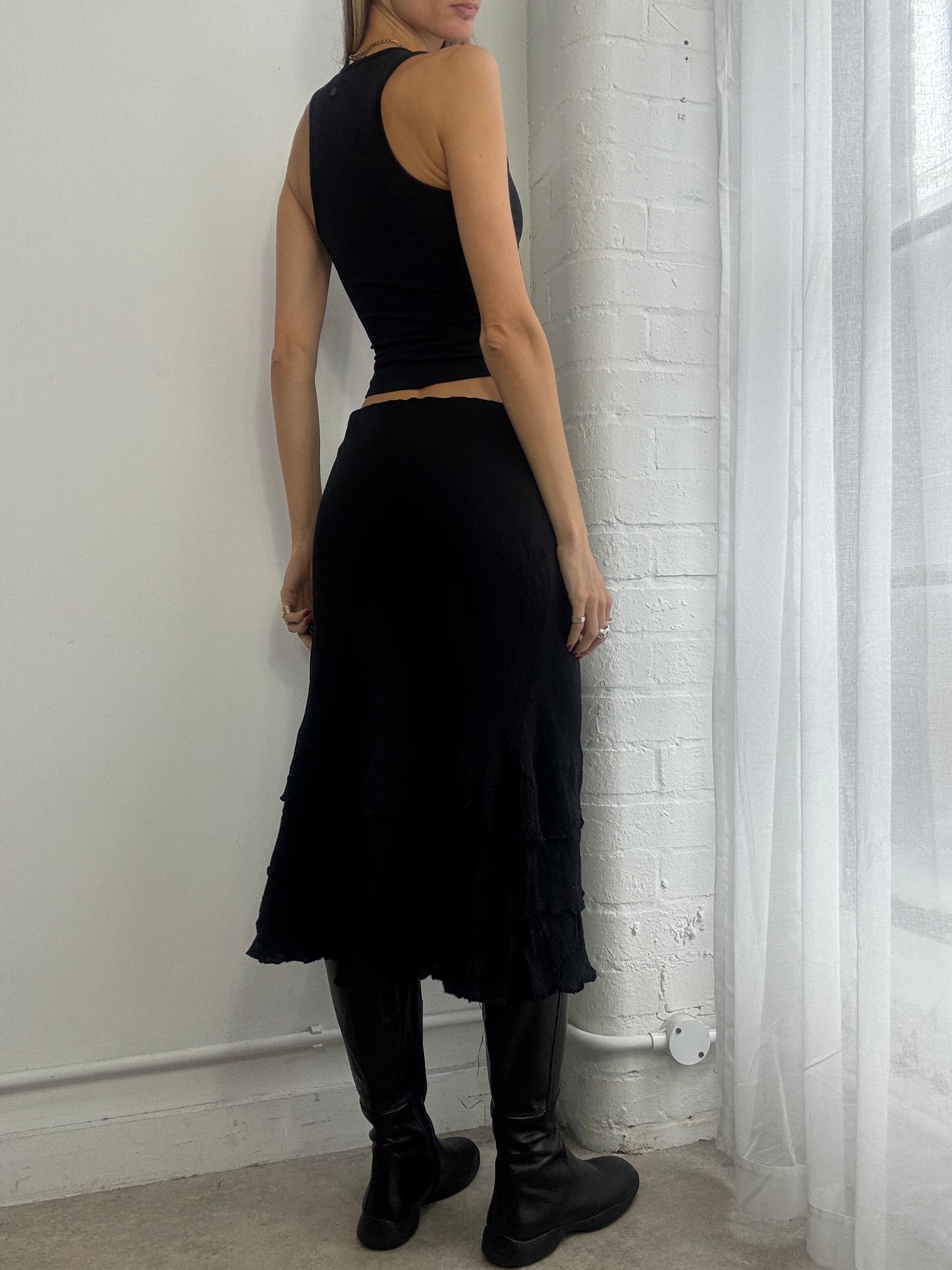 Vintage Y2K black cotton ruffle midi skirt embroidered