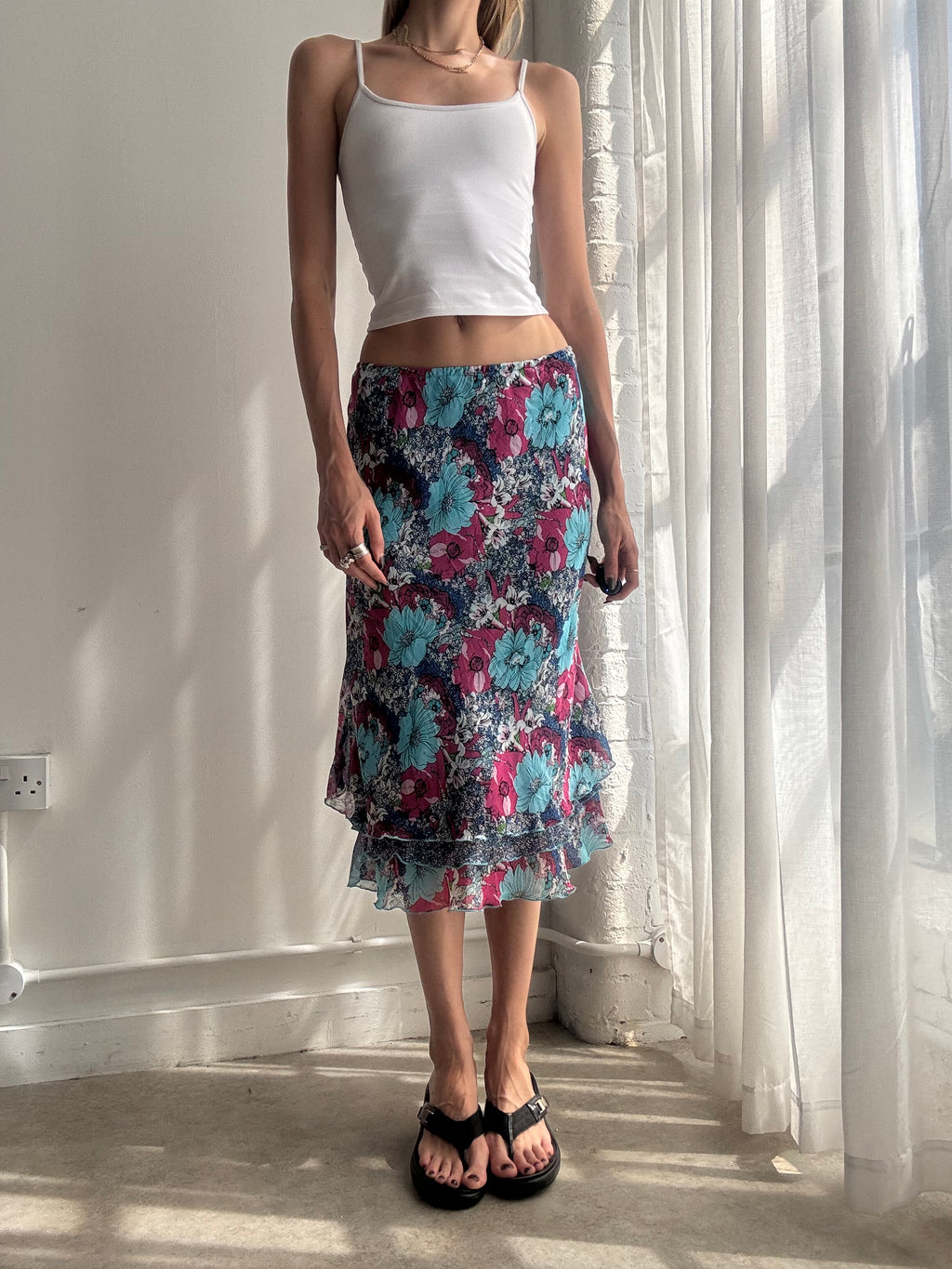 Vintage blue floral mesh midi skirt - Size L