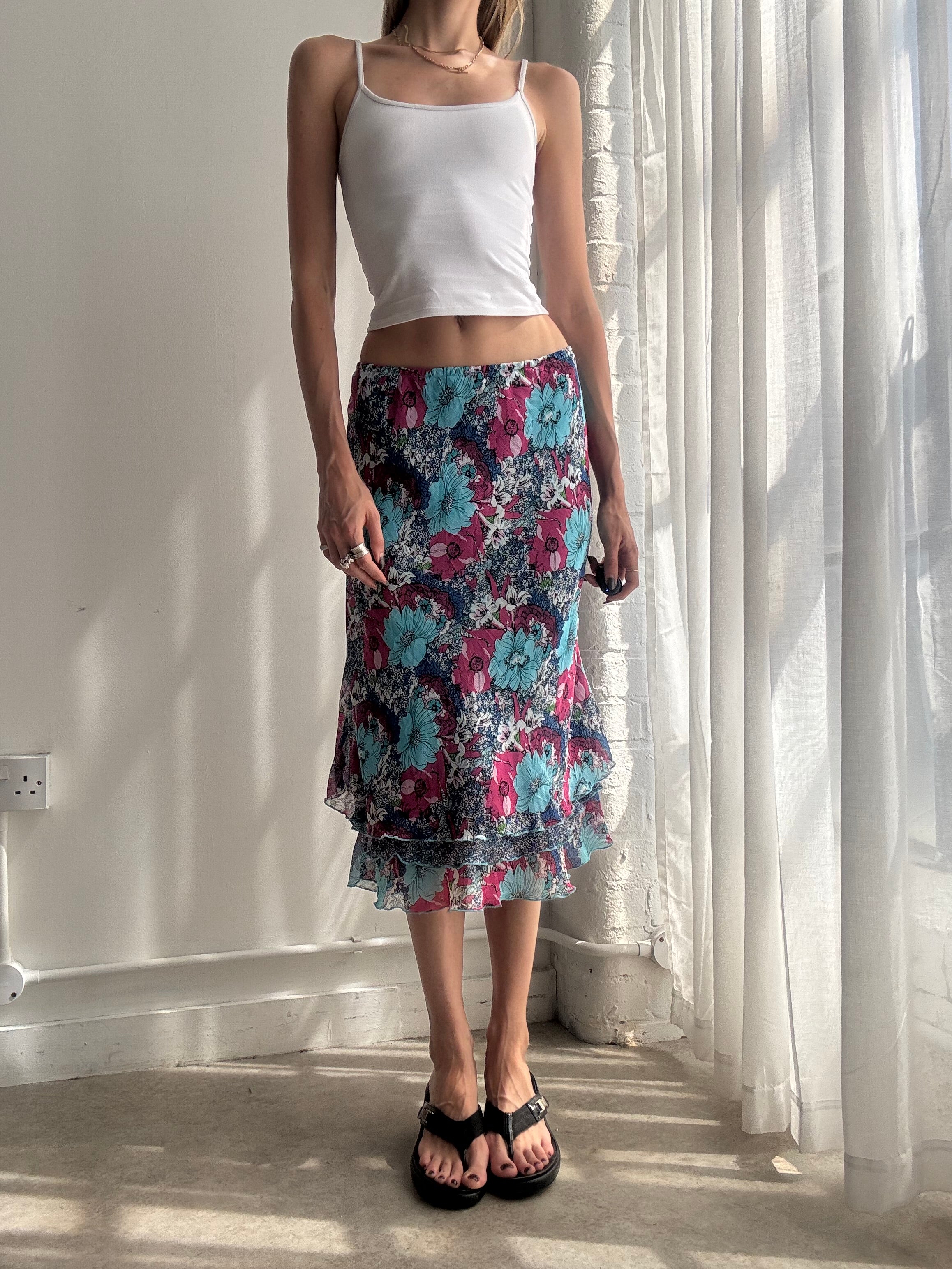 Vintage blue floral mesh midi skirt - Size L