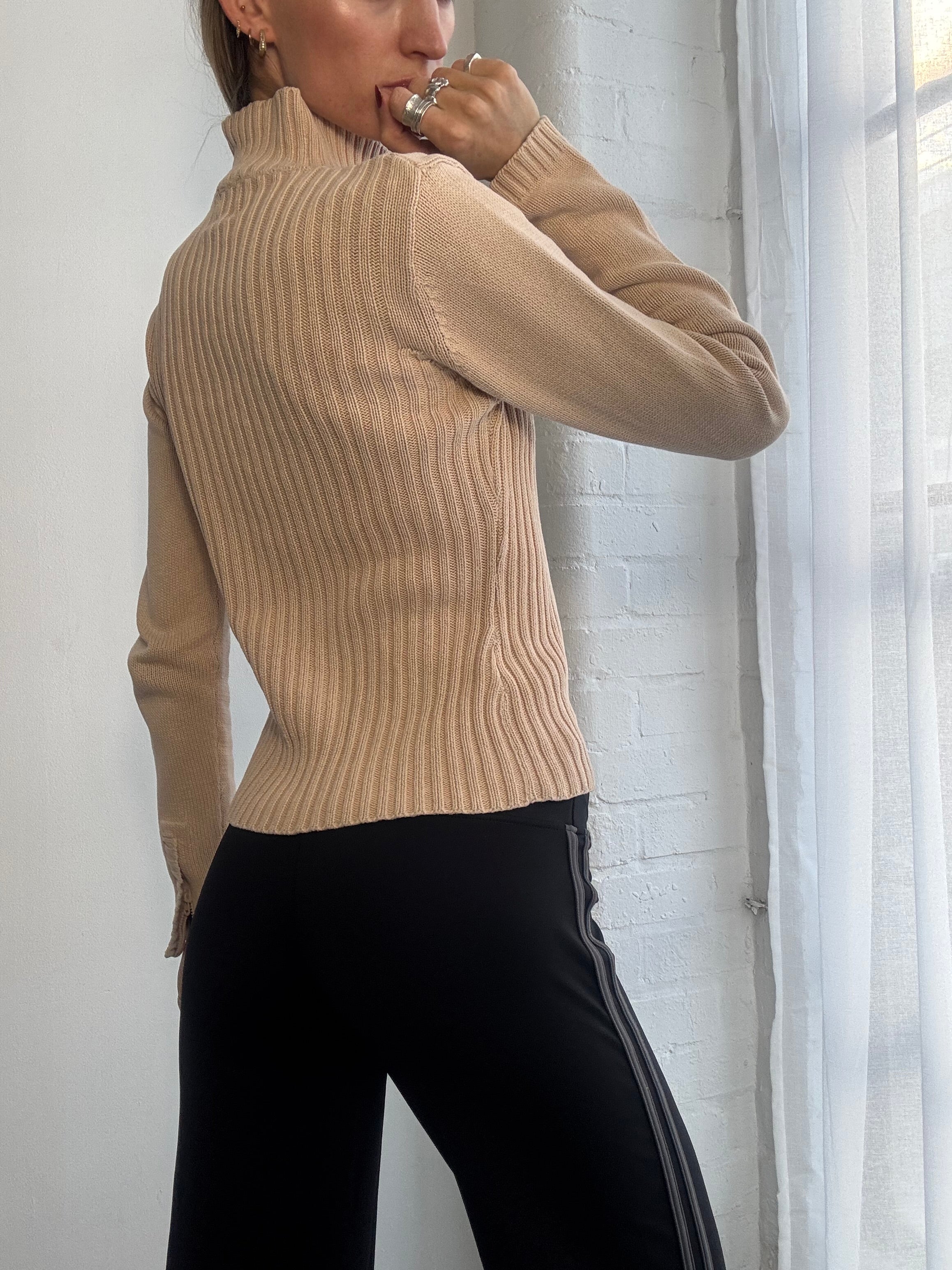 Vintage Y2K ribbed knitted dual zip jumper beige