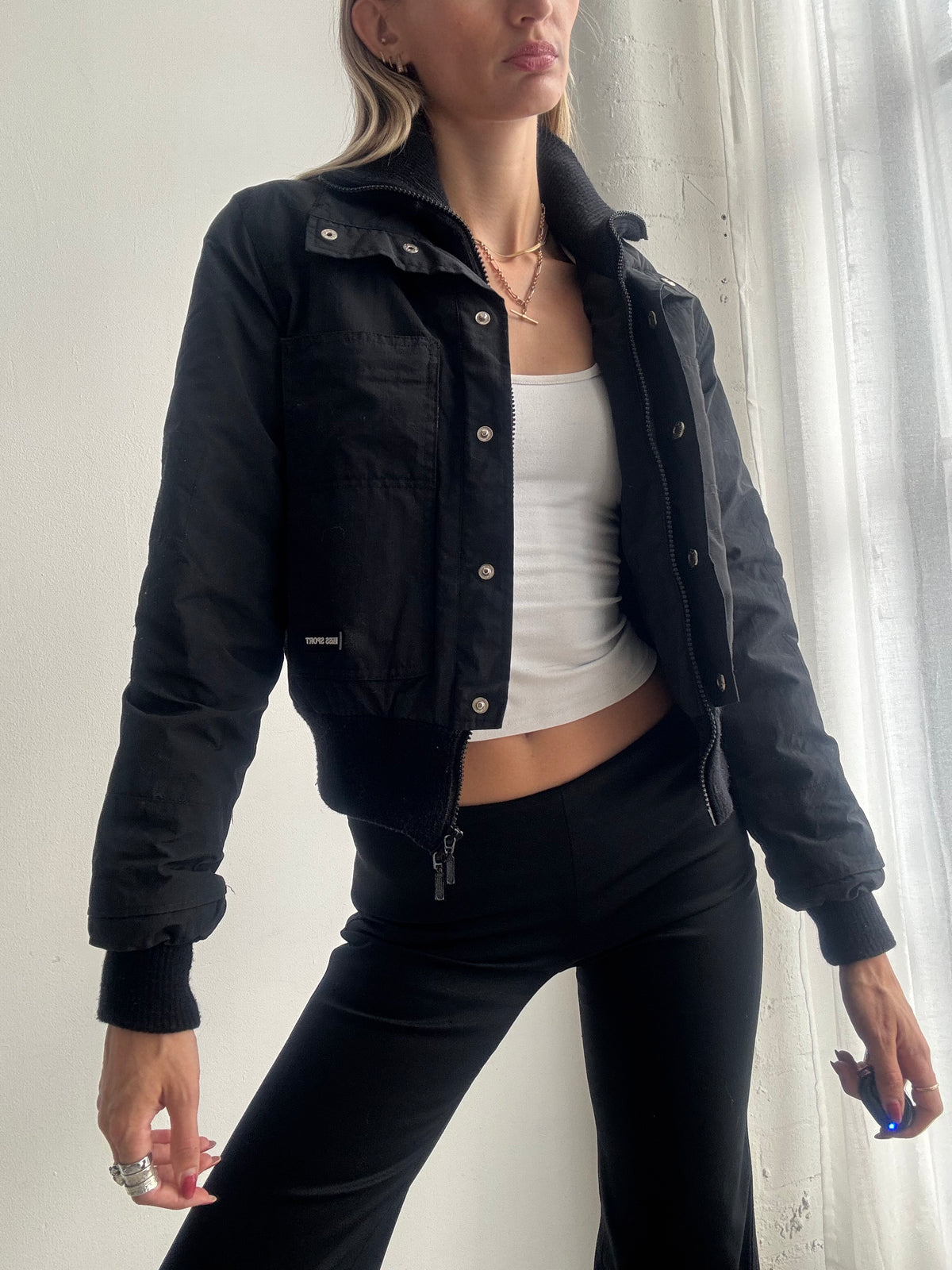 Vintage Y2K Black Cropped Utility Bomber Jacket - Size XS-S