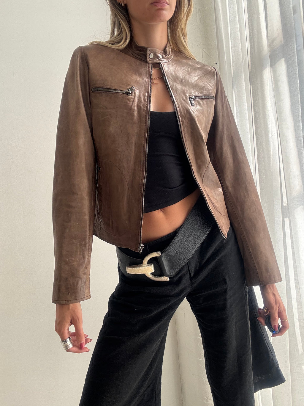 Vintage Y2K Brown Leather Biker Jacket - Size XS/S