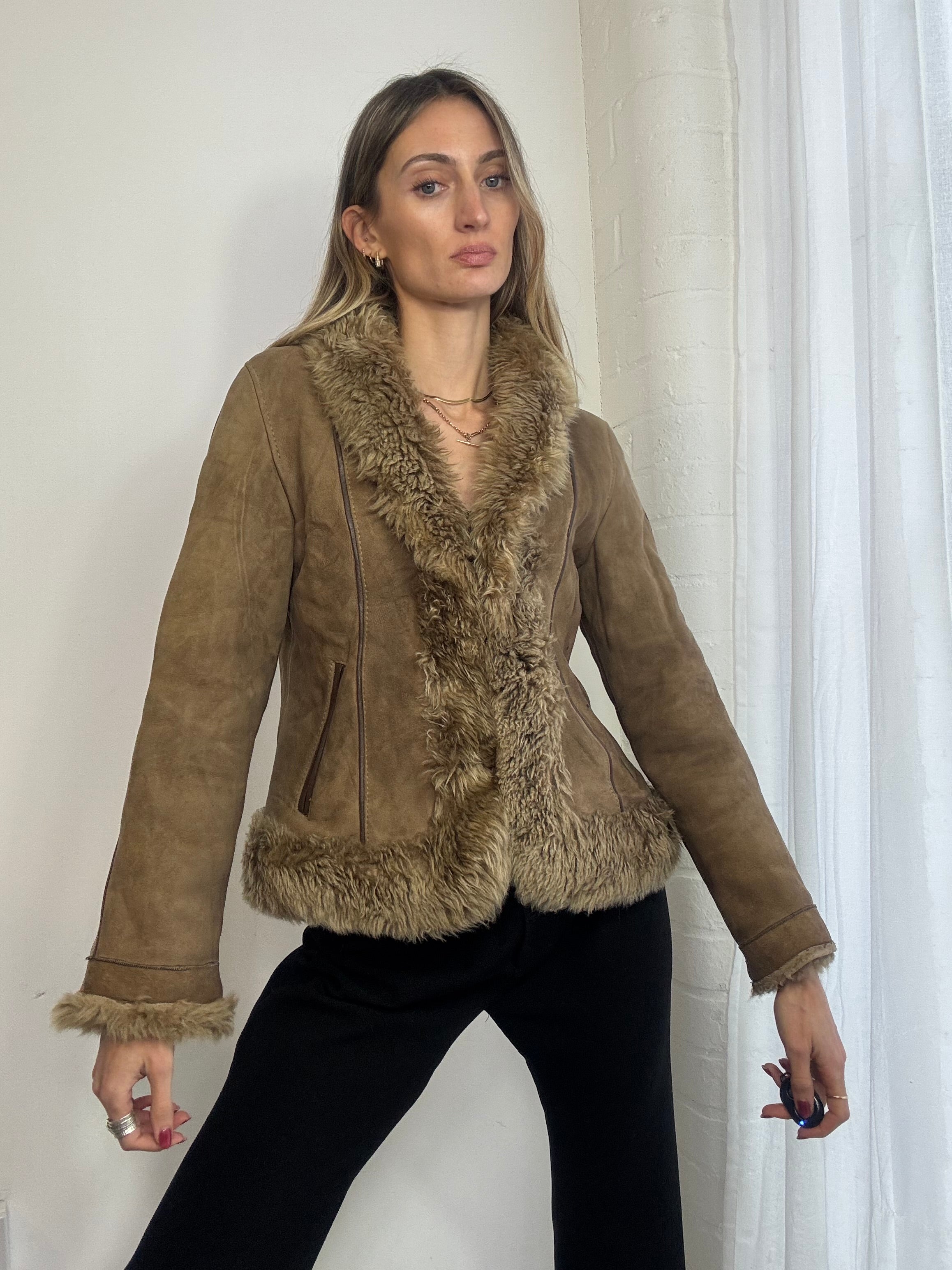 Vintage 90s brown suede sheepskin shearling coat