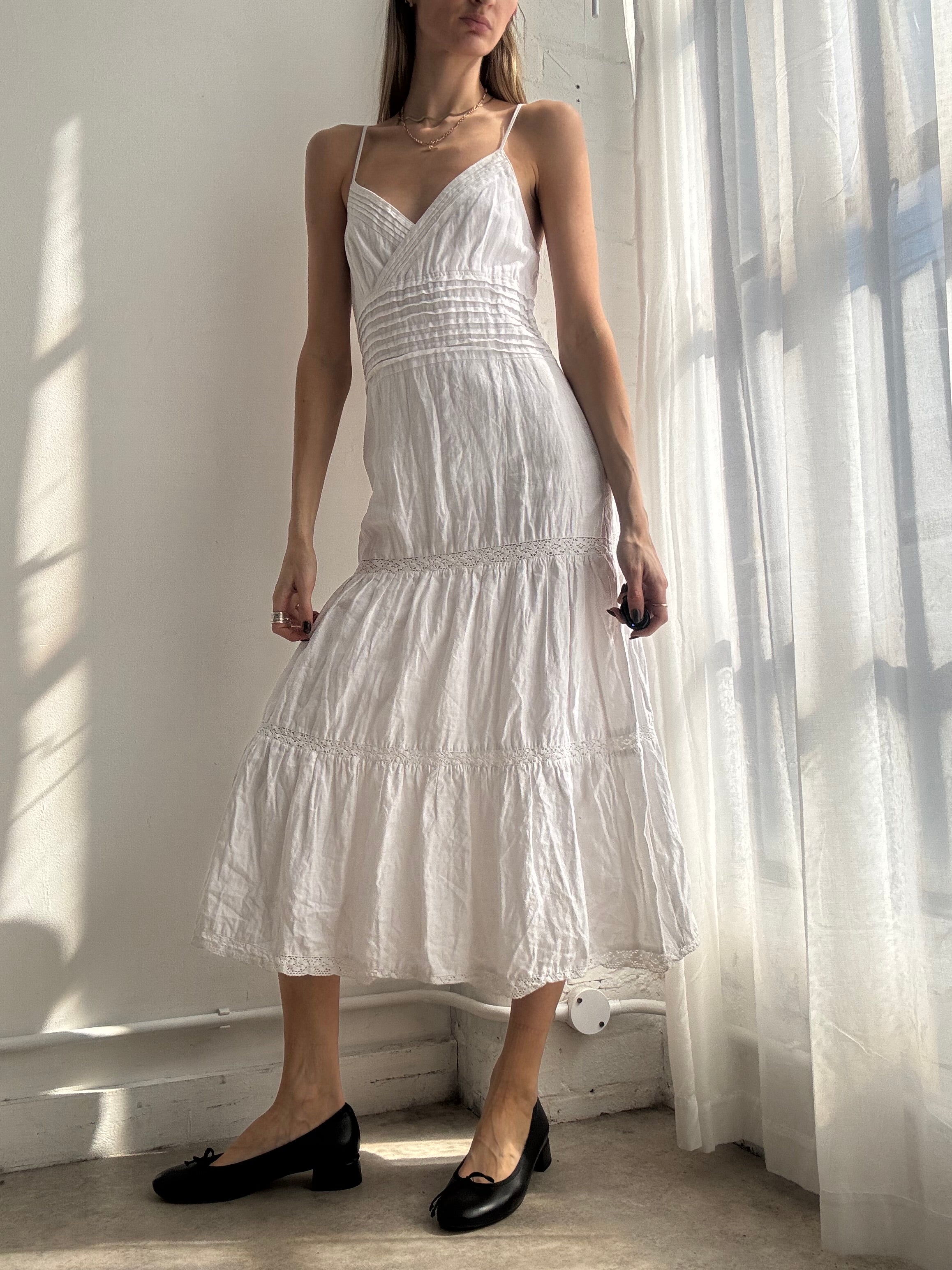 Vintage Y2K white tiered midi cotton summer dress - Size S