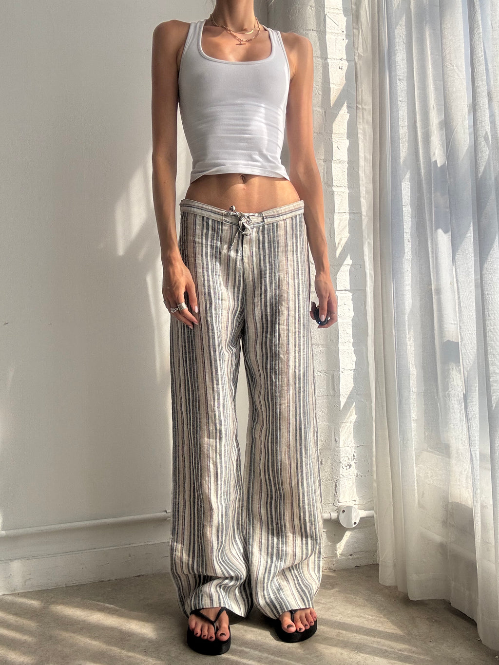 Vintage Y2K Linen Stripe Wide Leg Trousers - Size S/M