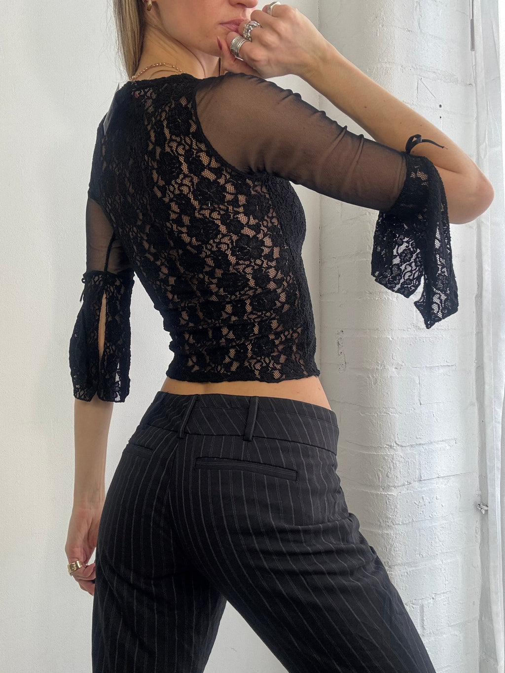 Vintage Y2K black sheer lace 3/4 sleeve top