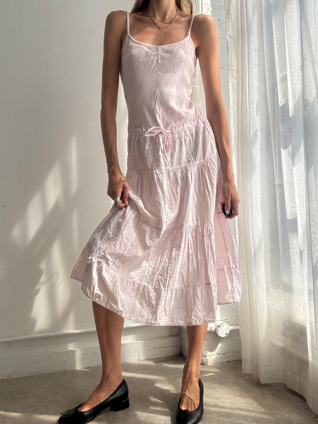 Vintage Y2K Baby Pink Beaded Cotton Midi Dress - Size M