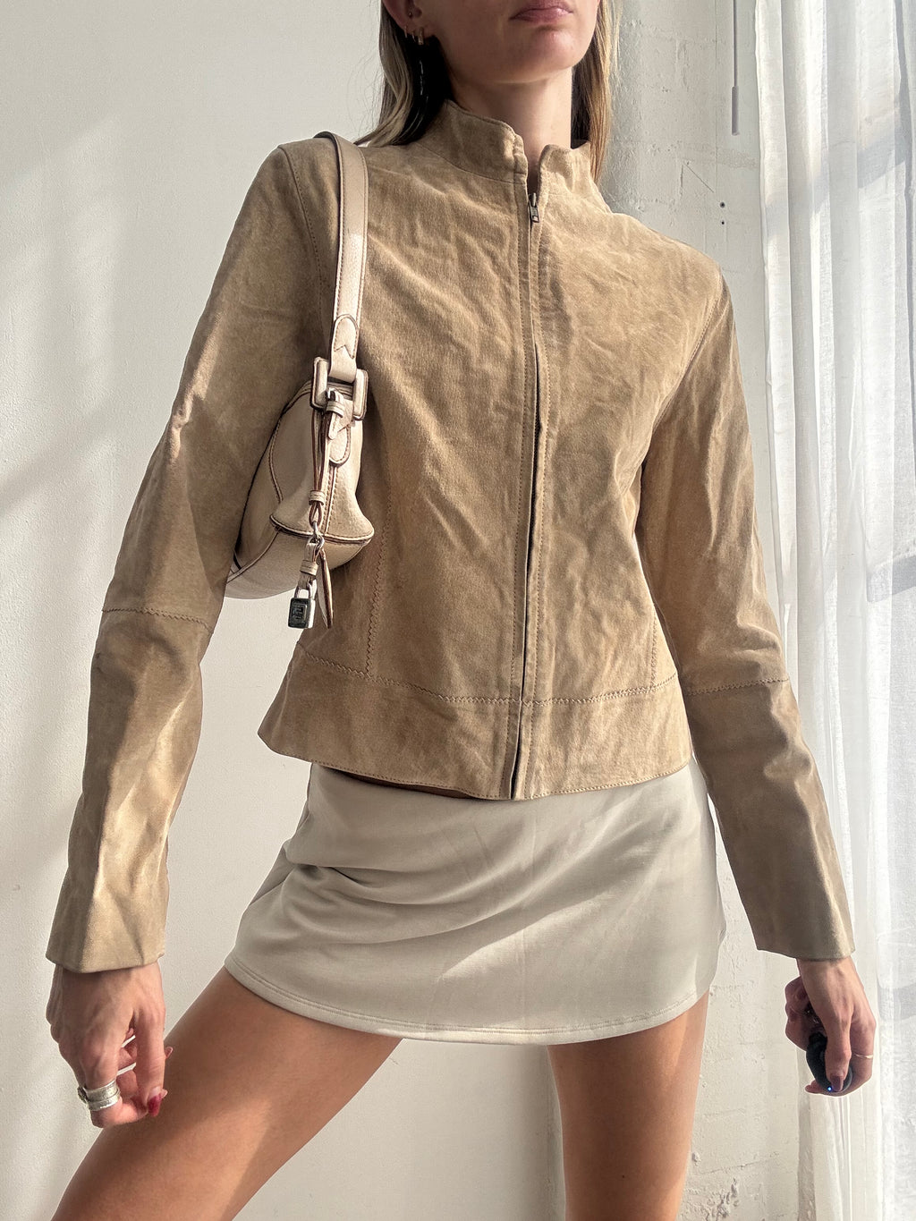 Vintage Y2K tan suede zip-up biker jacket