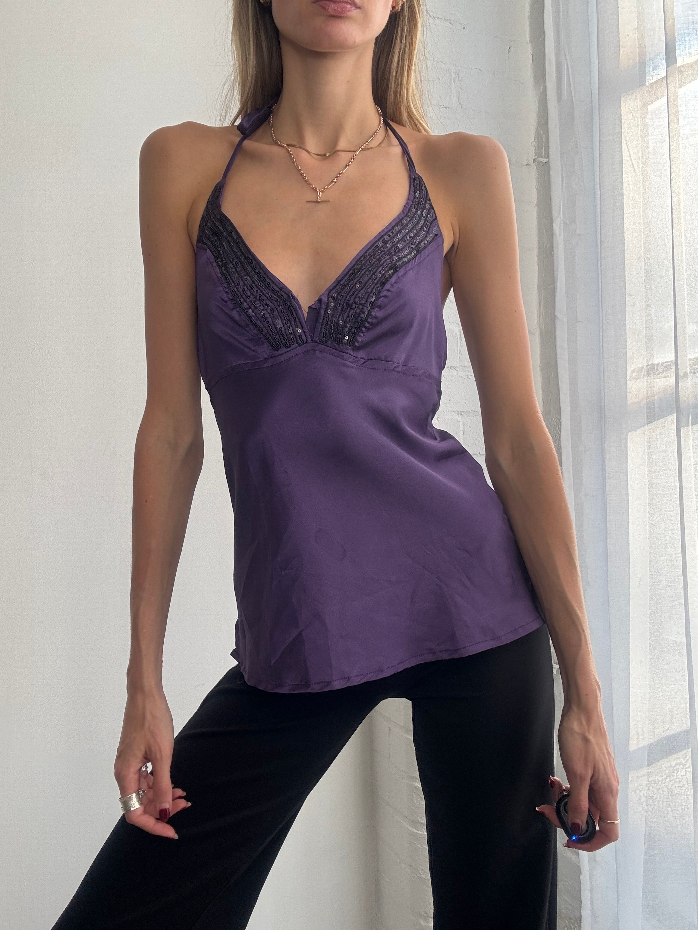 Vintage Y2K purple satin halter neck beaded top
