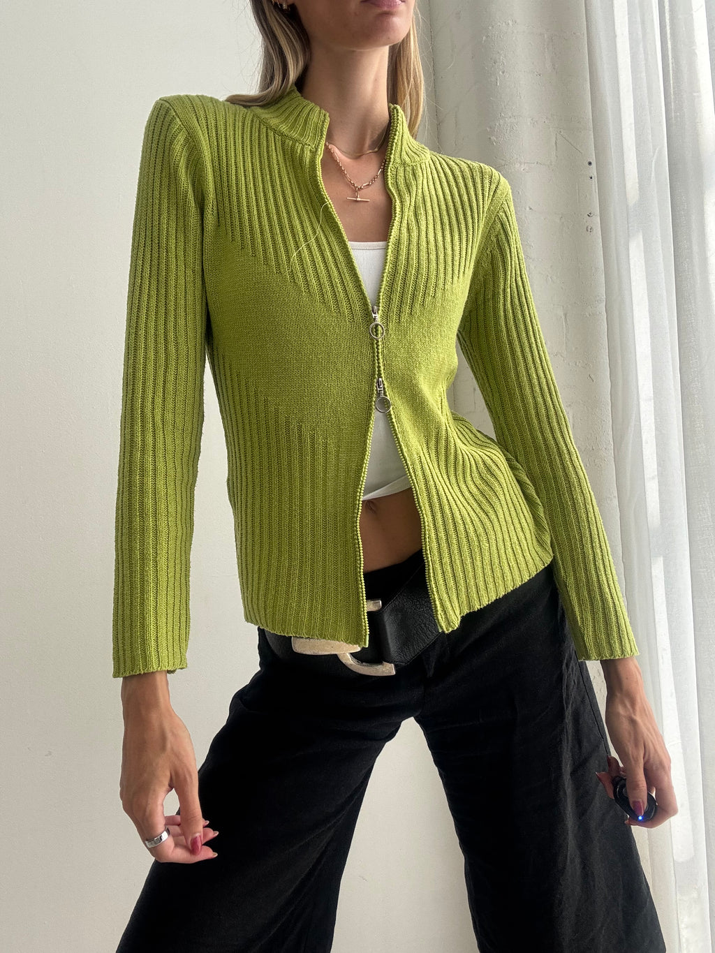 Vintage Y2K Lime Green Ribbed Knit Cardigan - Size S/M