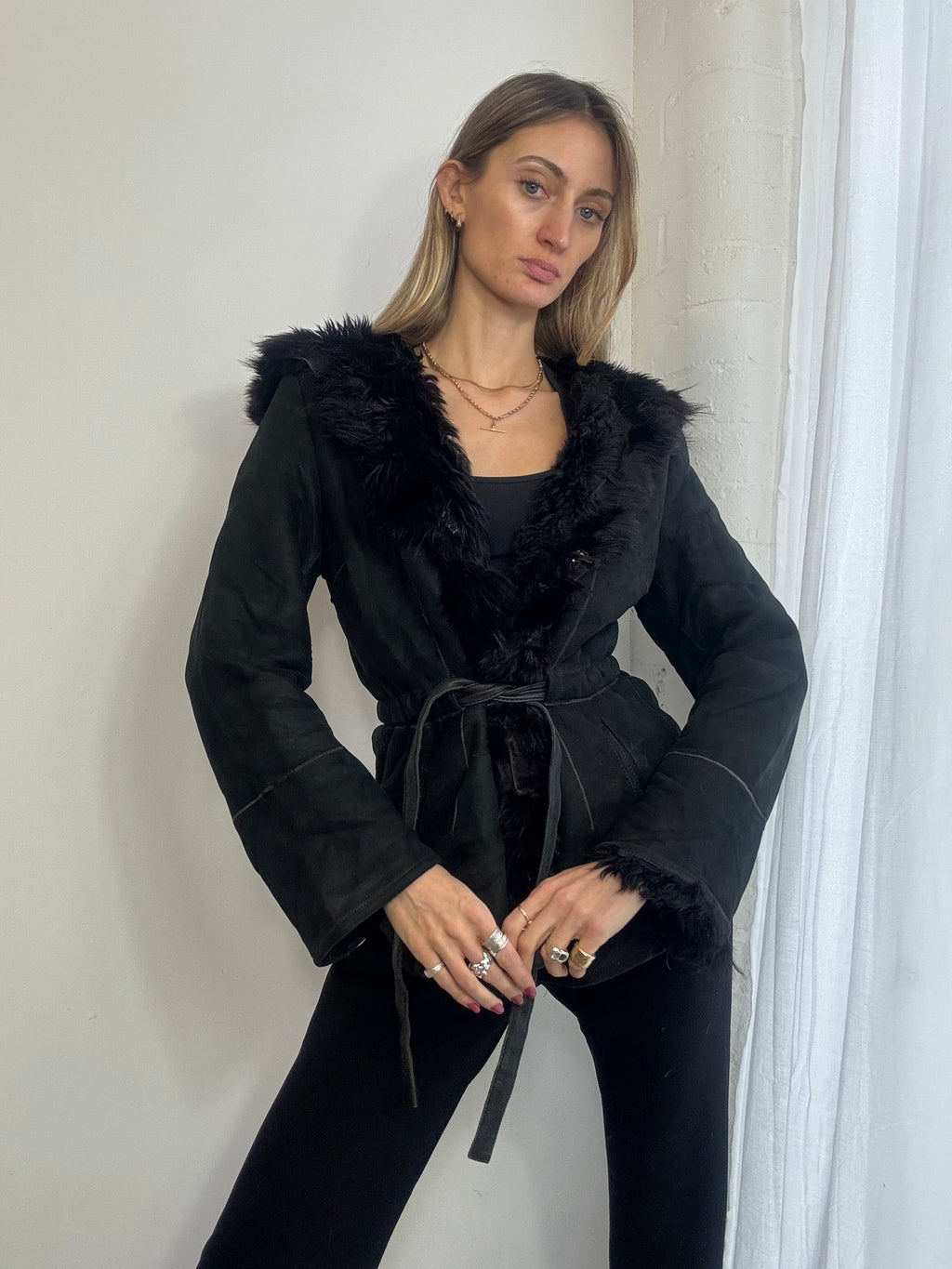 Vintage Y2K black suede sheepskin hooded coat fur trim