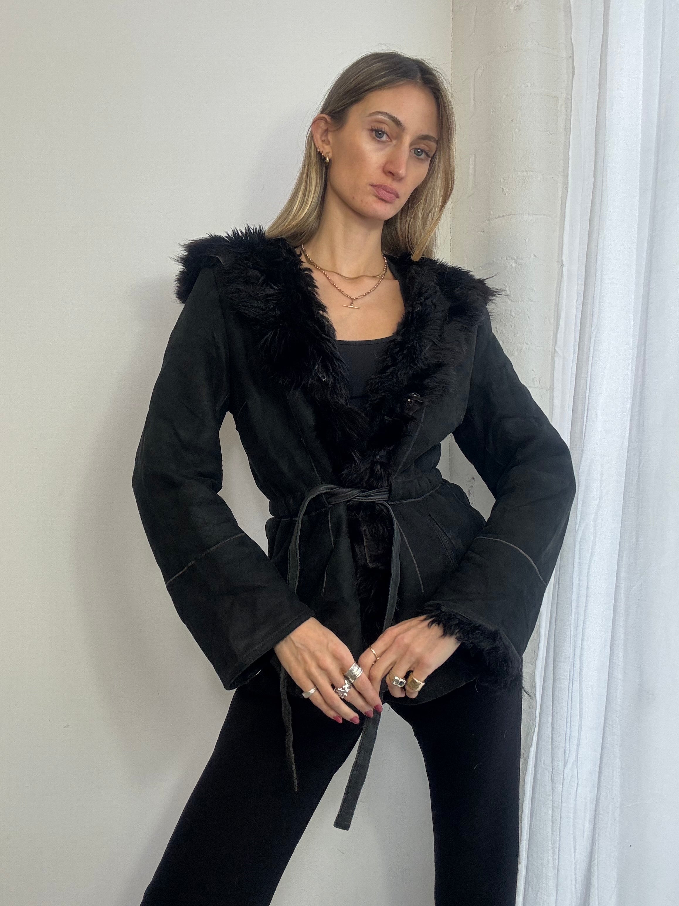 Vintage Y2K black suede sheepskin hooded coat fur trim